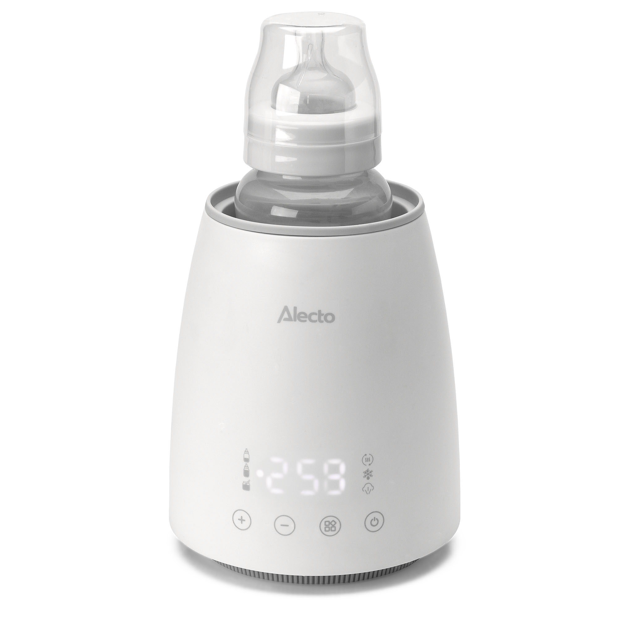 Ein weißer Babyflaschenwärmer mit digitaler Anzeige und einer Babyflasche.