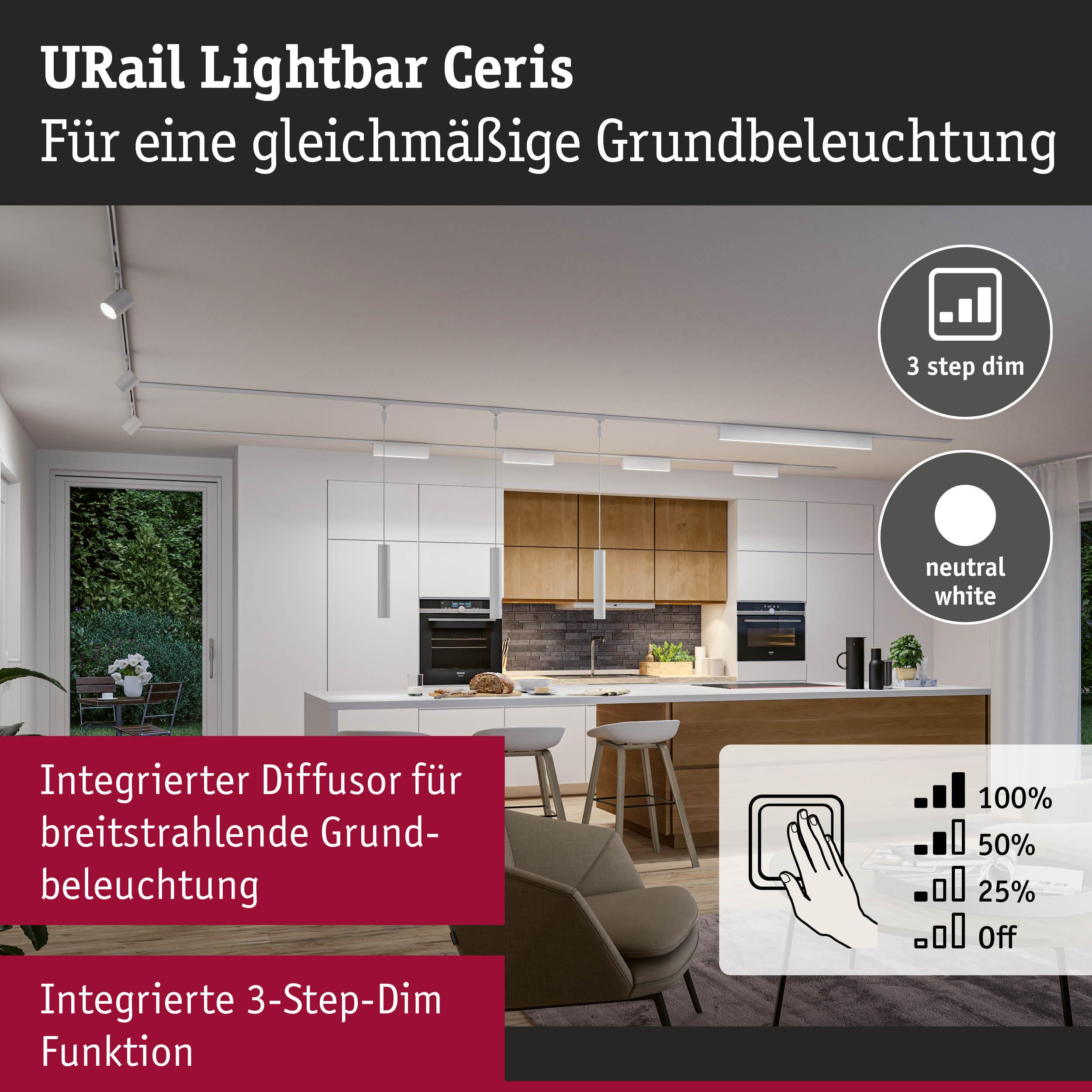 Moderne Küche mit URail Lichtleiste, 3-stufig dimmbar, neutralweißes Licht.
