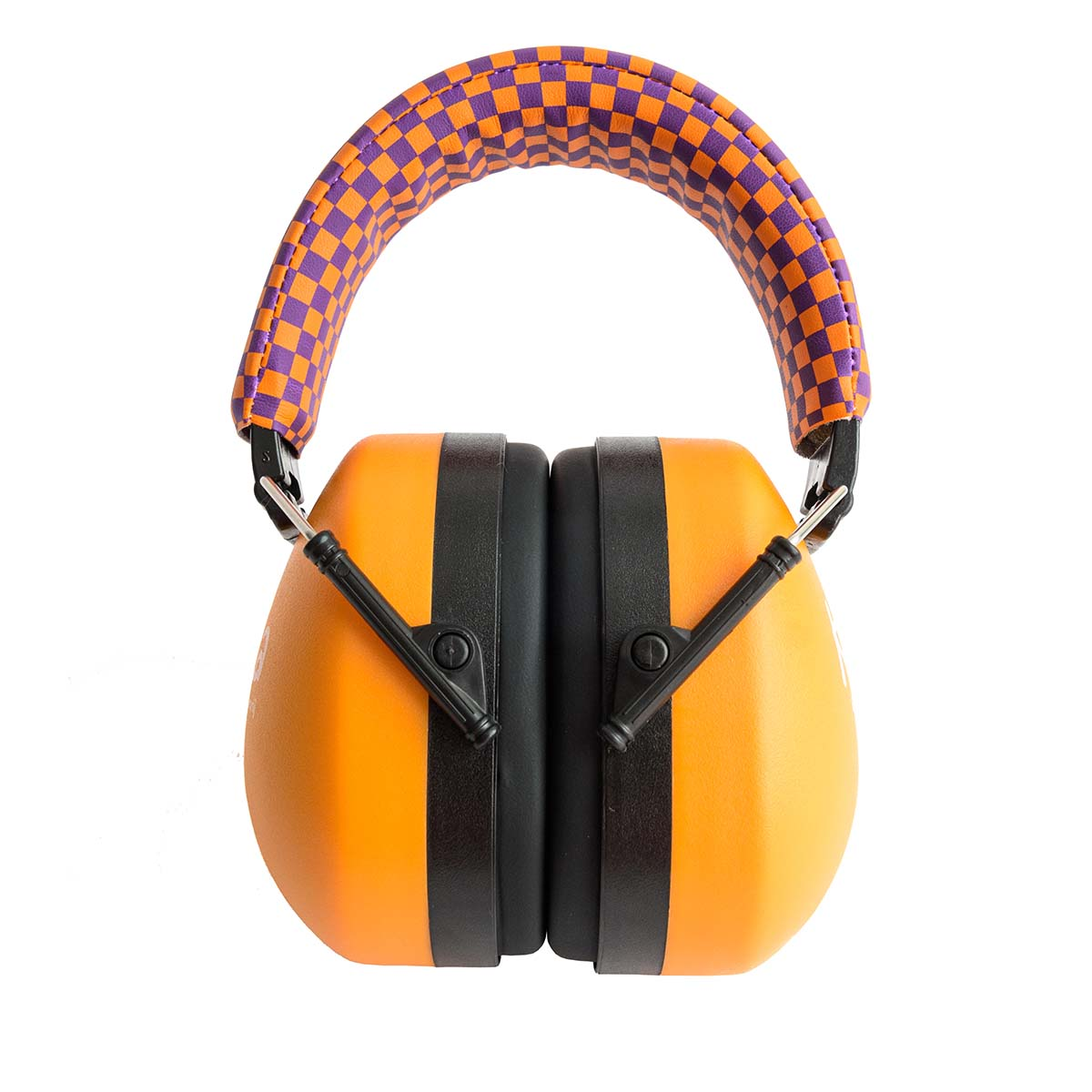 Oranje en zwarte koptelefoon met paars en oranje geblokte hoofdband.