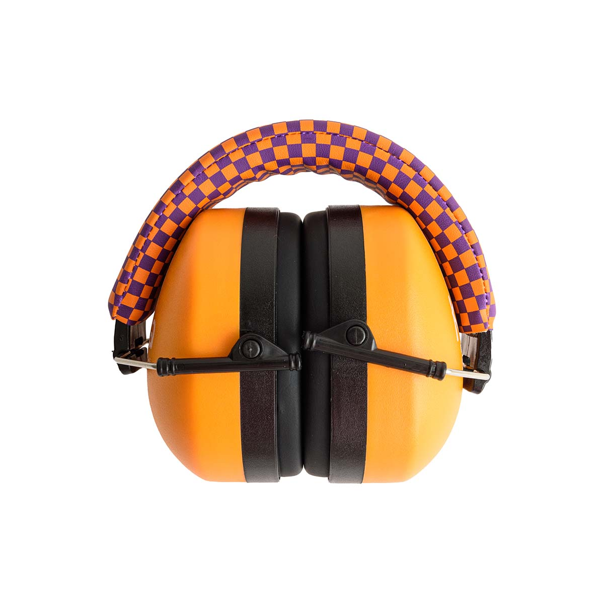 Oranje gehoorbeschermers met zwarte band en geblokte hoofdband.
