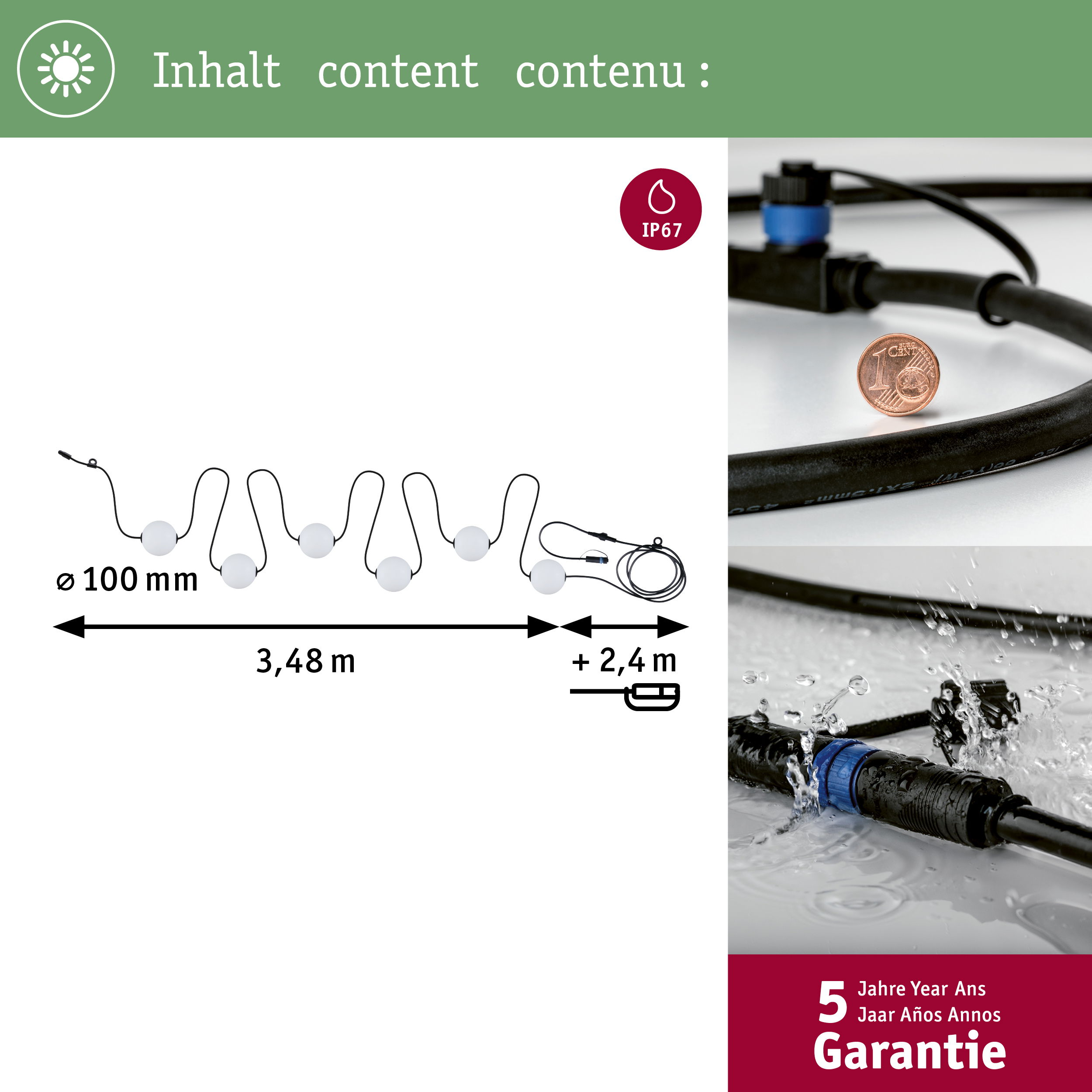 Lampki choinkowe z 5 kulami, dł. 3,48 m, certyfikat IP67, z przewodem 2,4 m.