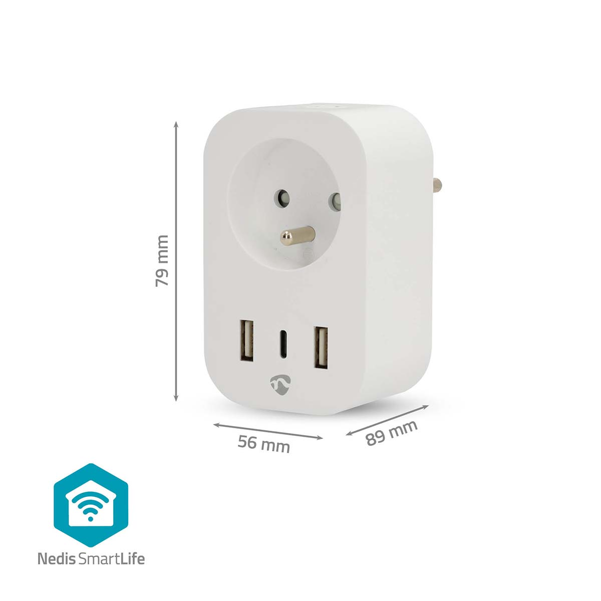 Una presa intelligente bianca con una presa europea e due porte USB.