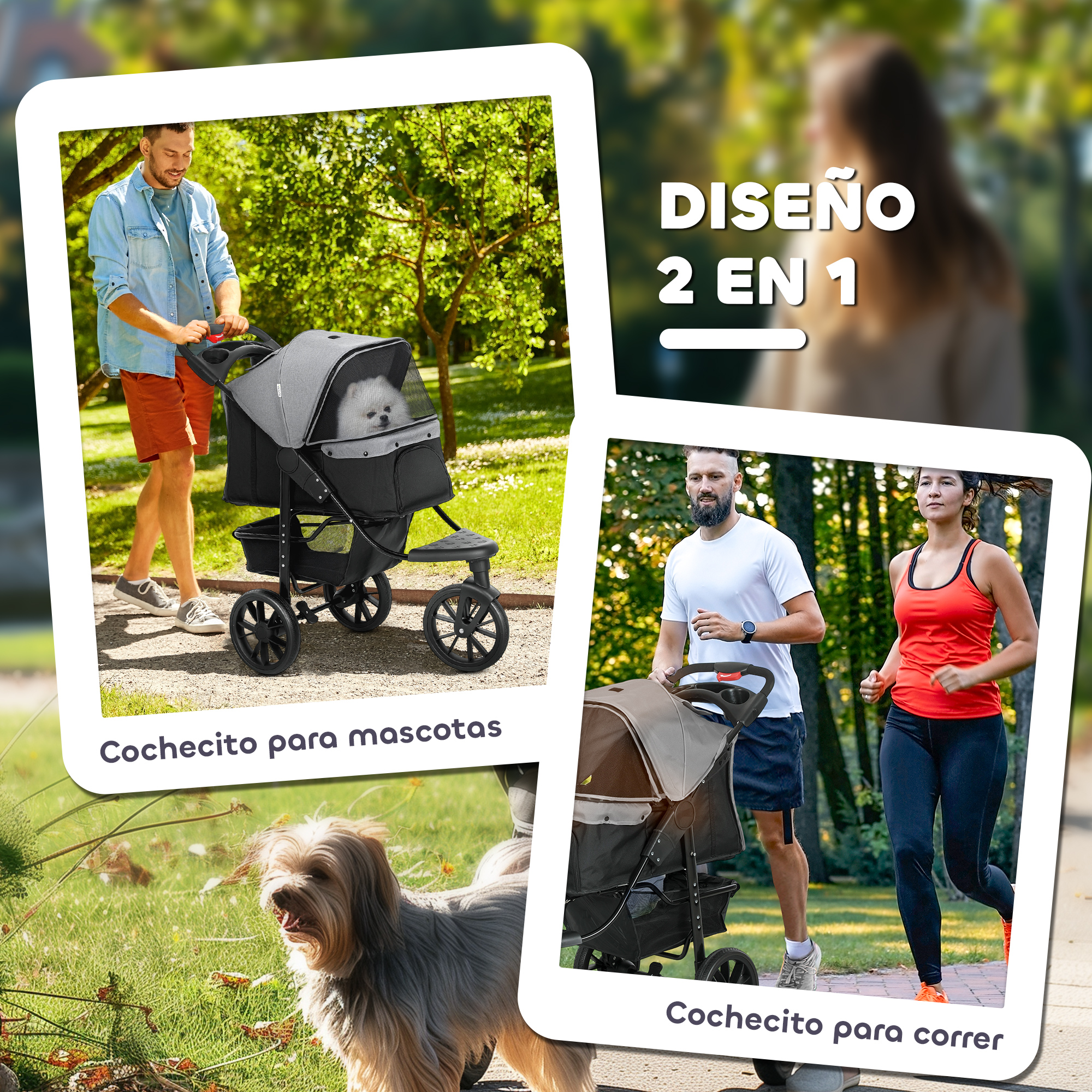 Hombre empuja cochecito para perros; pareja corre cerca del cochecito.