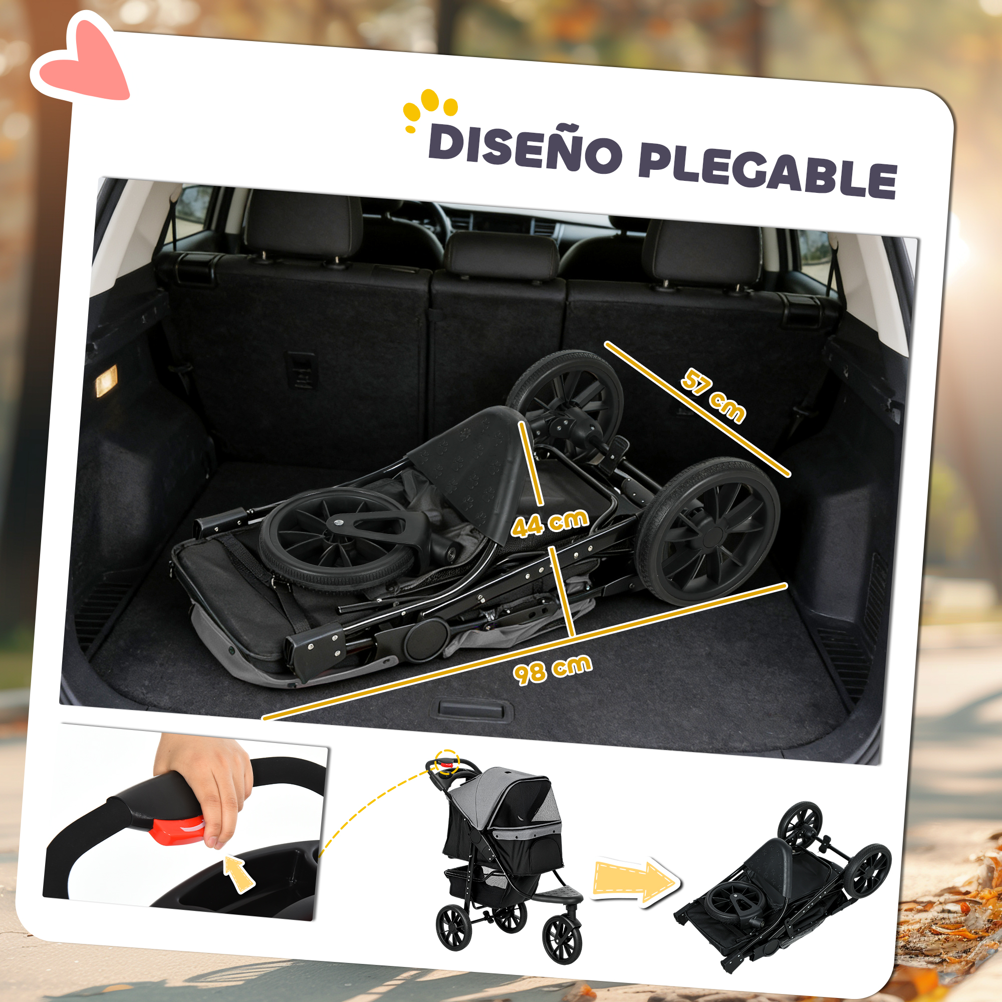 Un cochecito plegado cabe en el maletero de un coche. Se muestran las dimensiones.