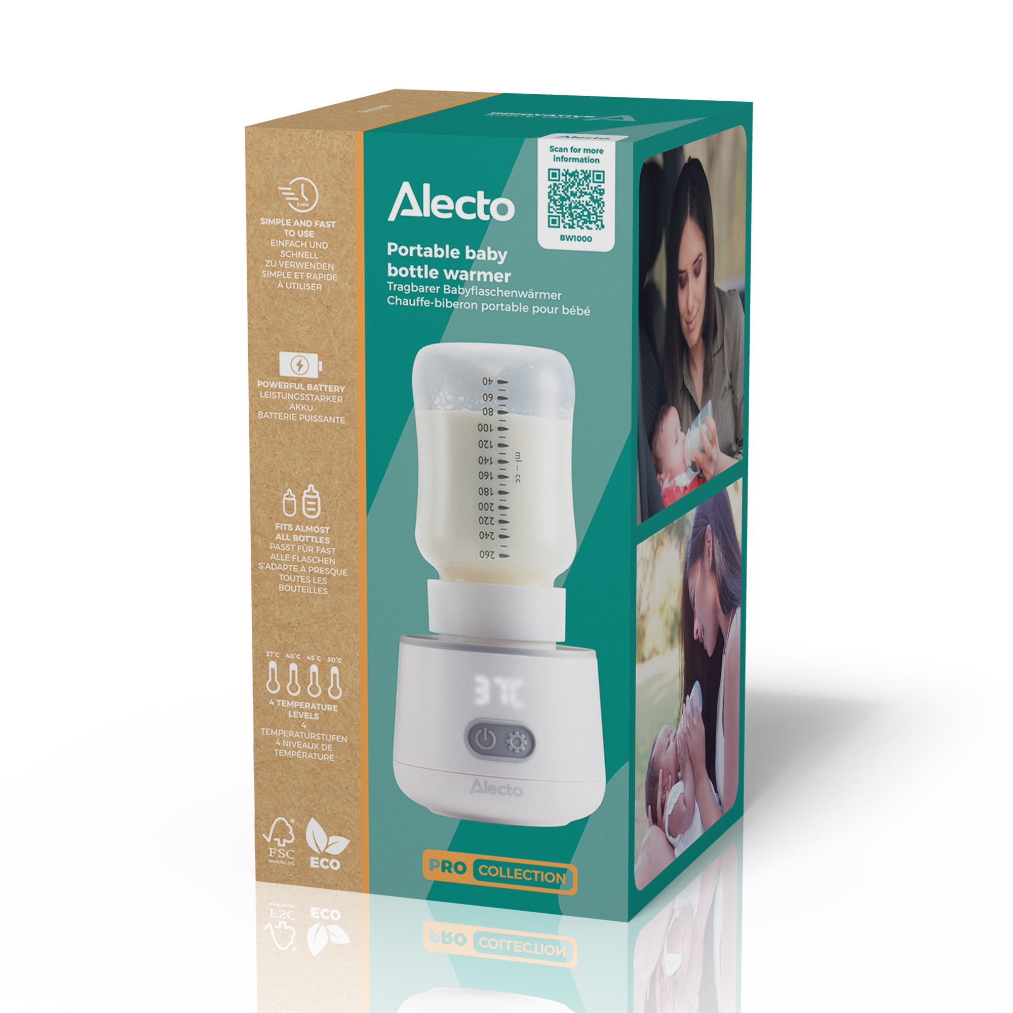 Alecto Babyflaschenwärmer mit Flasche bei 37°C. Box zeigt Funktionen.