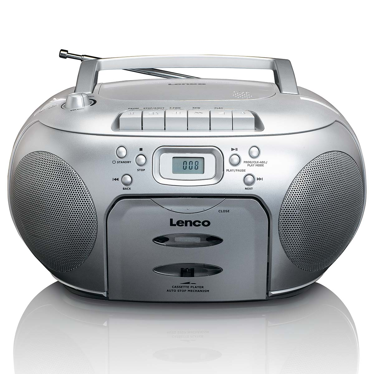 Boombox Lenco argentée avec lecteur cassette, haut-parleurs et antenne.