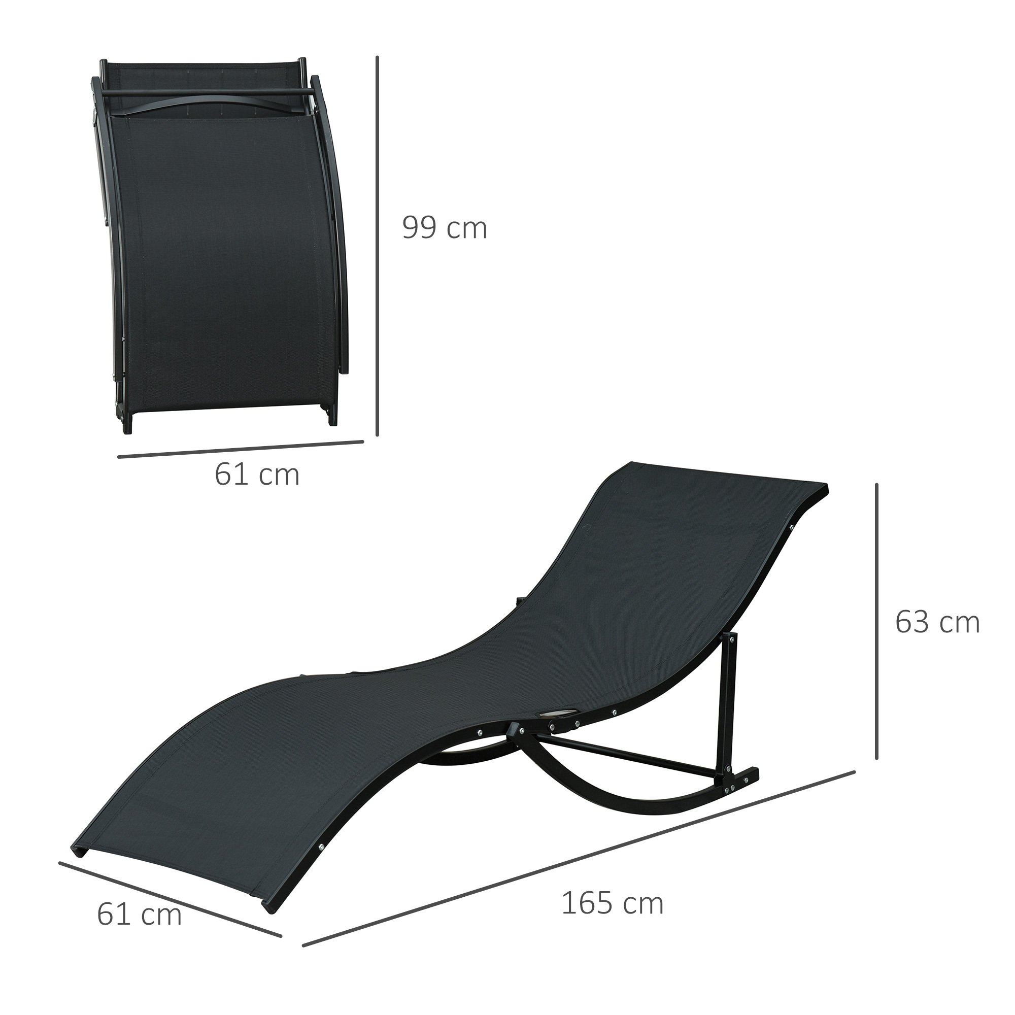 Una sedia a sdraio nera con dimensioni. Una sedia piegata è in alto a sinistra.