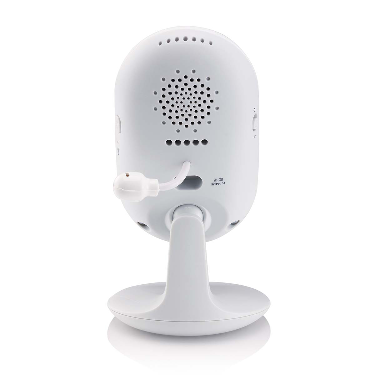 Weiße Babyphone-Kamera auf Ständer, Rückseite mit Lautsprecher und Anschlüssen.