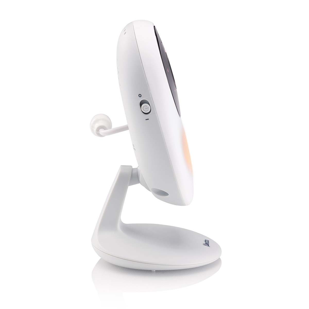 Ein weißer Babyfon-Monitor mit Bildschirm und Ständer.