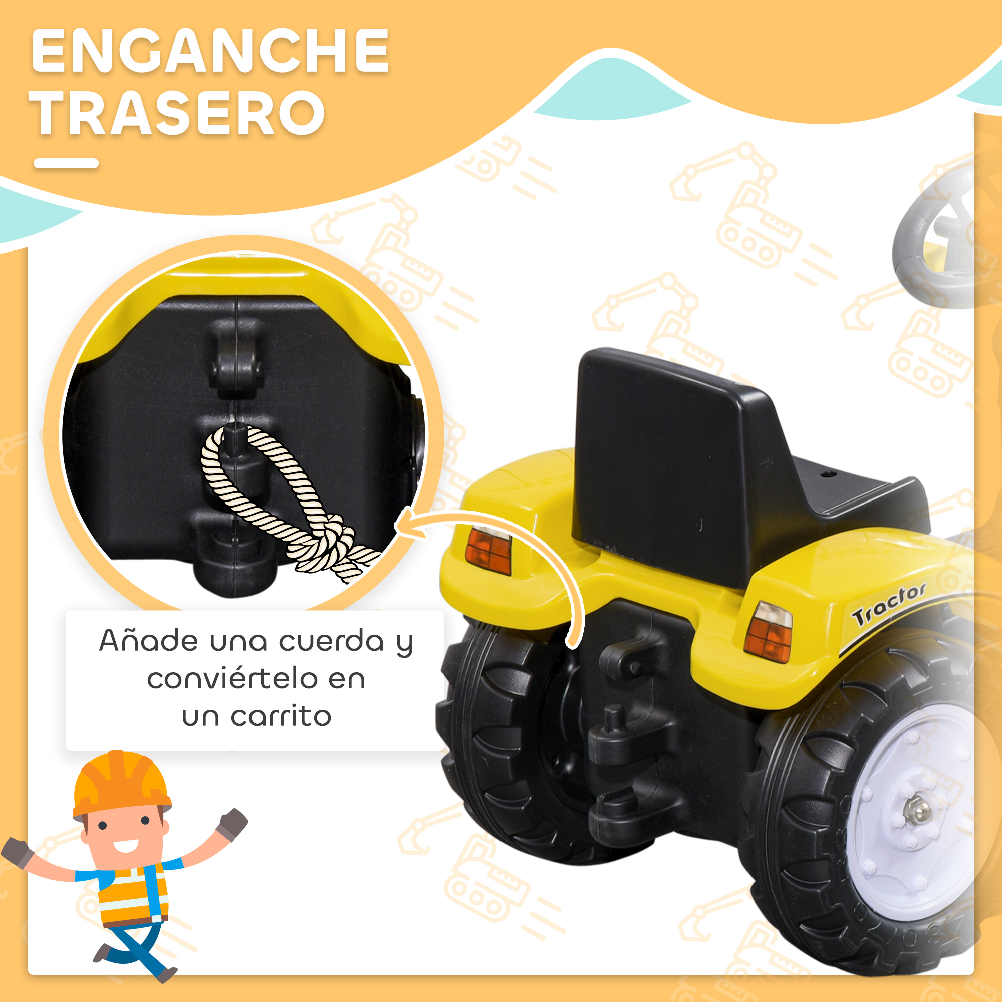 Tractor de juguete amarillo con enganche y cuerda. Primer plano de la parte trasera.