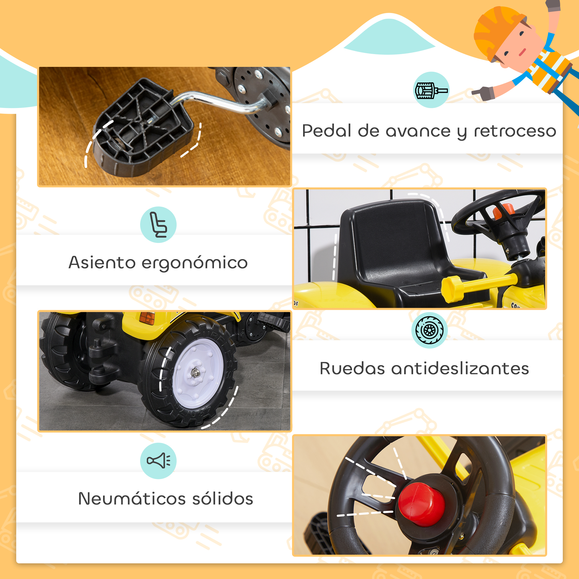 Detalles de un tractor de juguete amarillo: pedal, asiento, ruedas y volante.