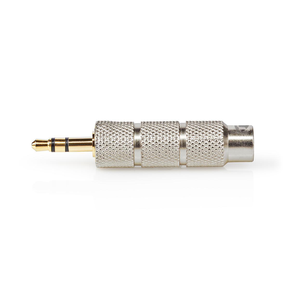Een zilveren 3,5 mm jack adapter met gouden connector.