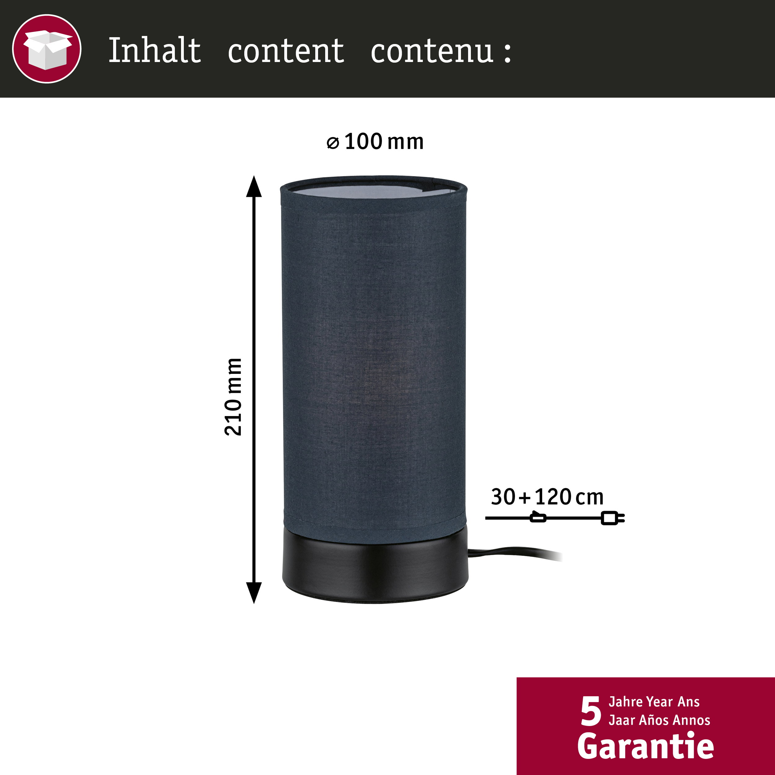 Una lampada cilindrica scura con base e cavo neri, dimensioni indicate.