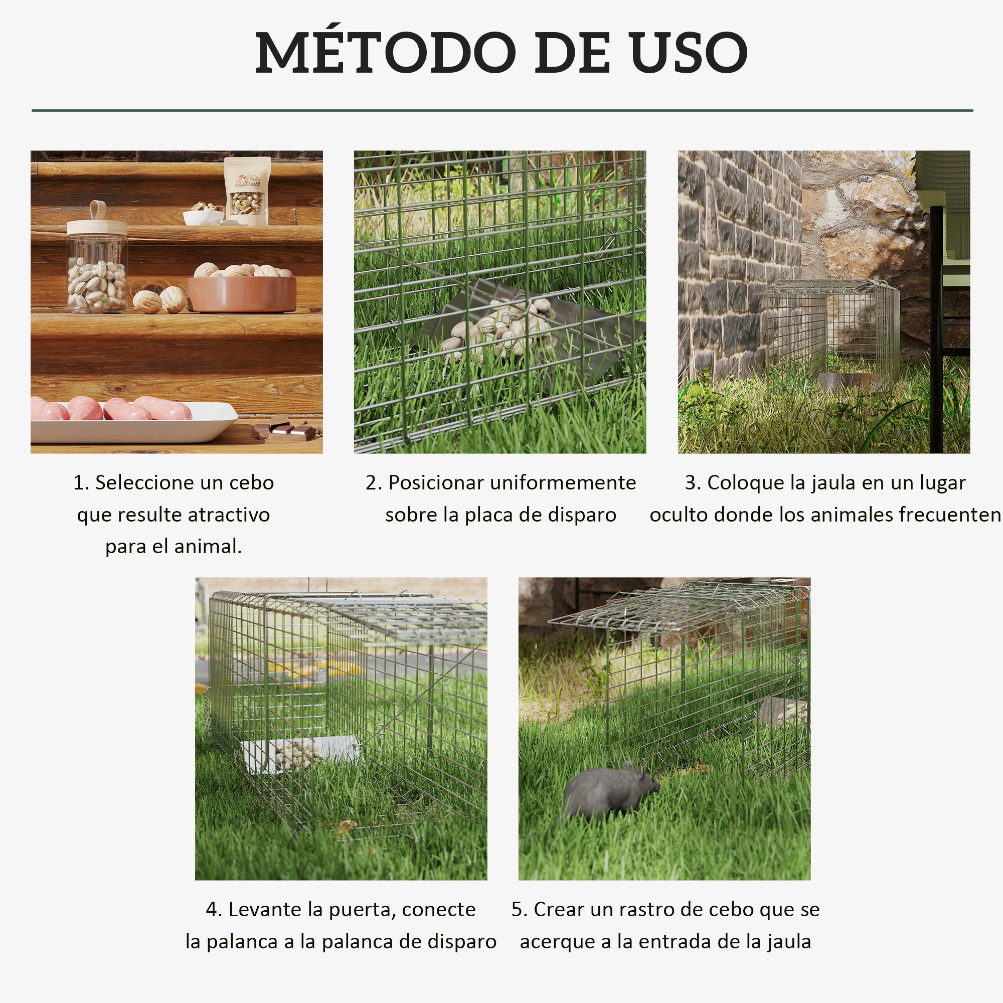 Ilustración mostrando 5 pasos para usar una trampa humana para animales. Incluye cebo y colocación de la trampa.