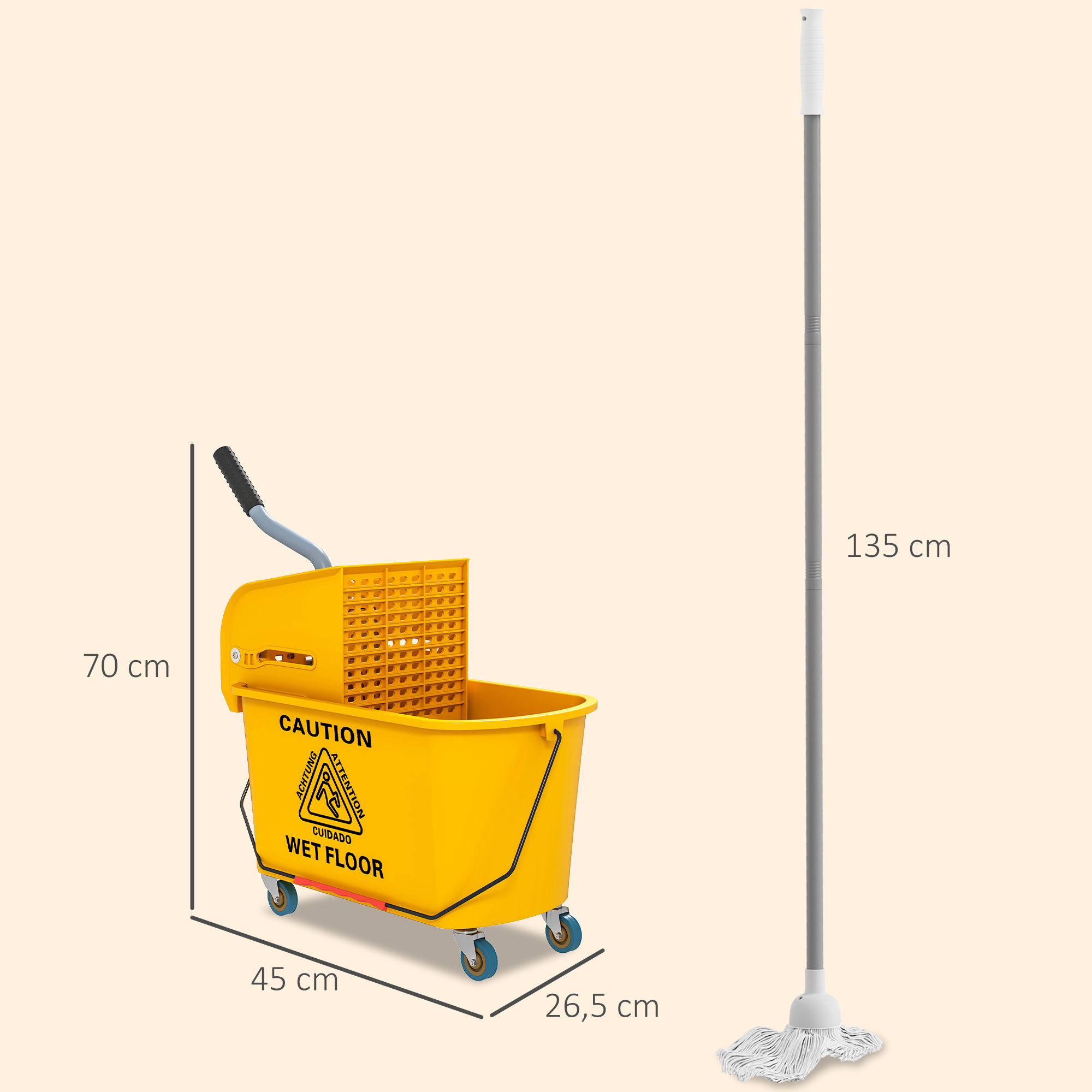 Un cubo de fregona amarillo con ruedas y una fregona gris larga.