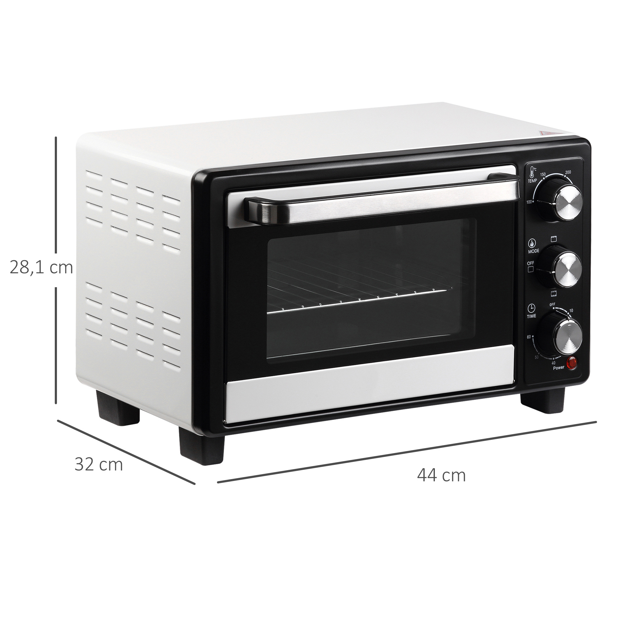 Mini horno compacto blanco y negro con mandos giratorios y temporizador.