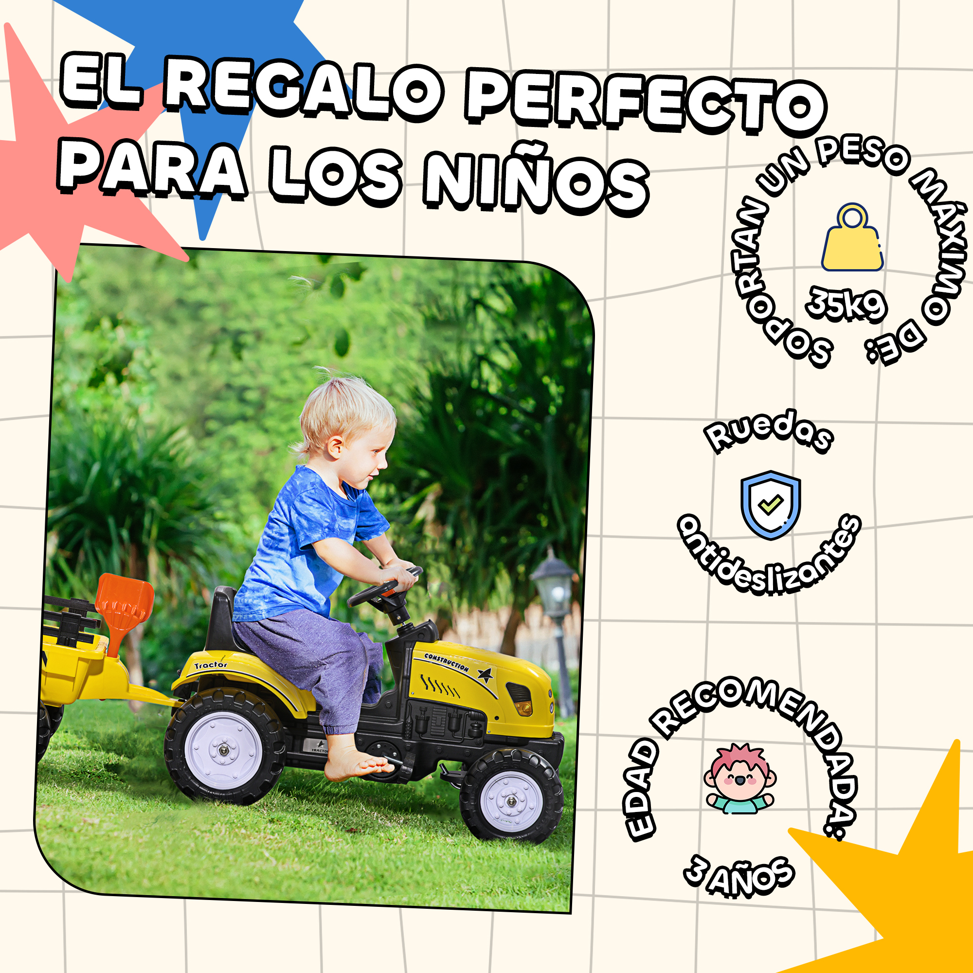 Un niño monta un tractor de juguete amarillo en el césped. Texto sobre regalos.