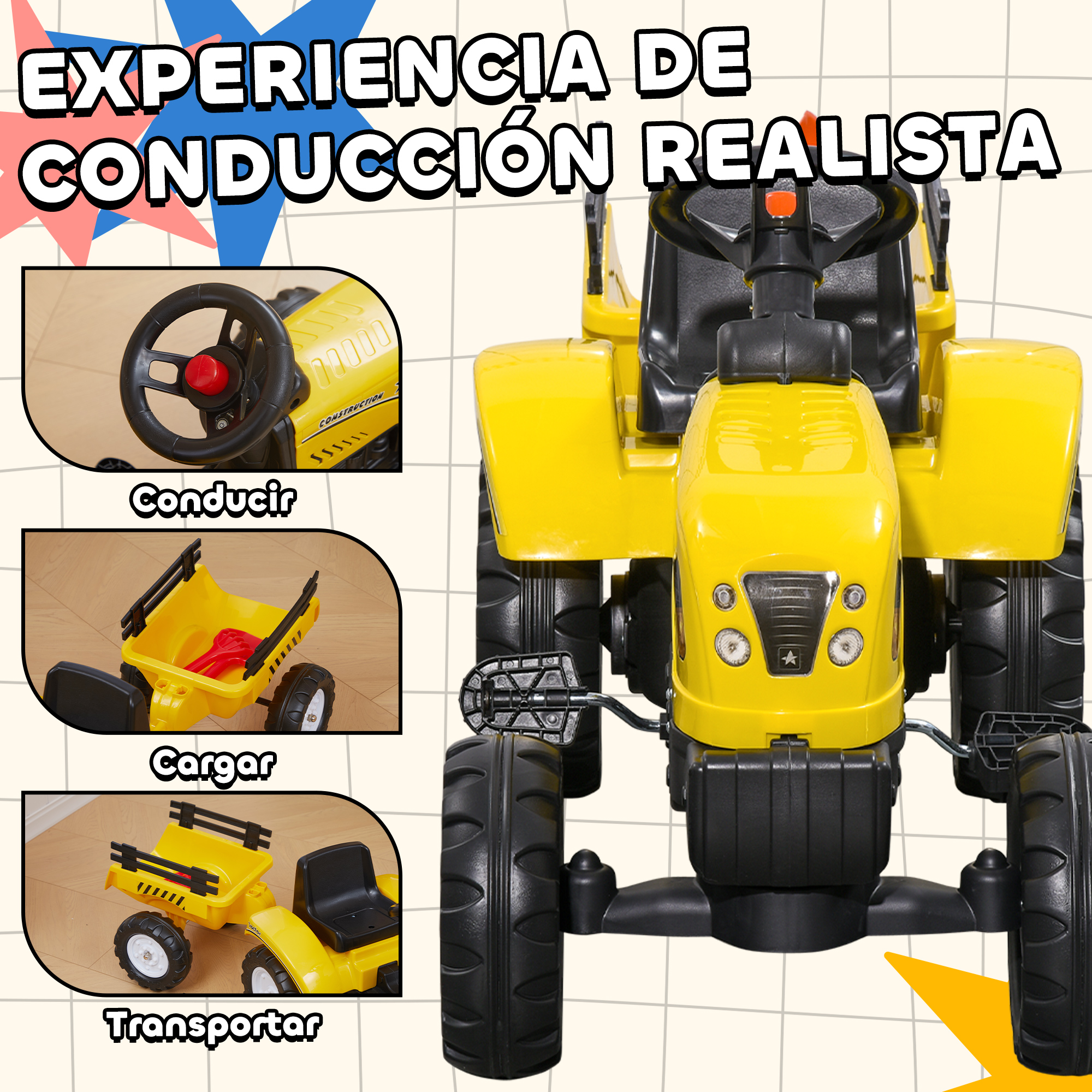 Un tractor de juguete amarillo con remolque. Primeros planos del volante y el remolque.