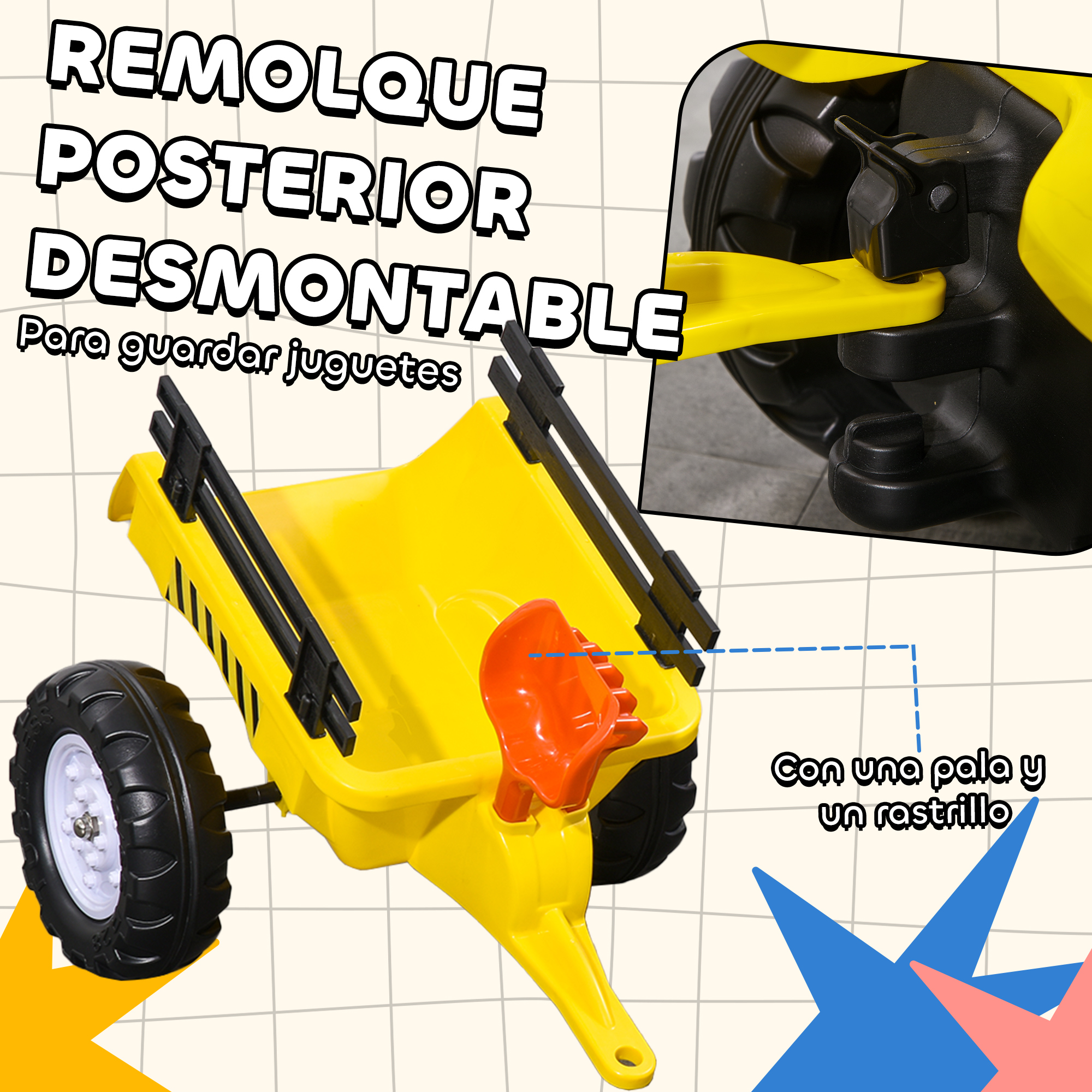 Remolque de juguete amarillo con dos ruedas, mango naranja y accesorios negros.