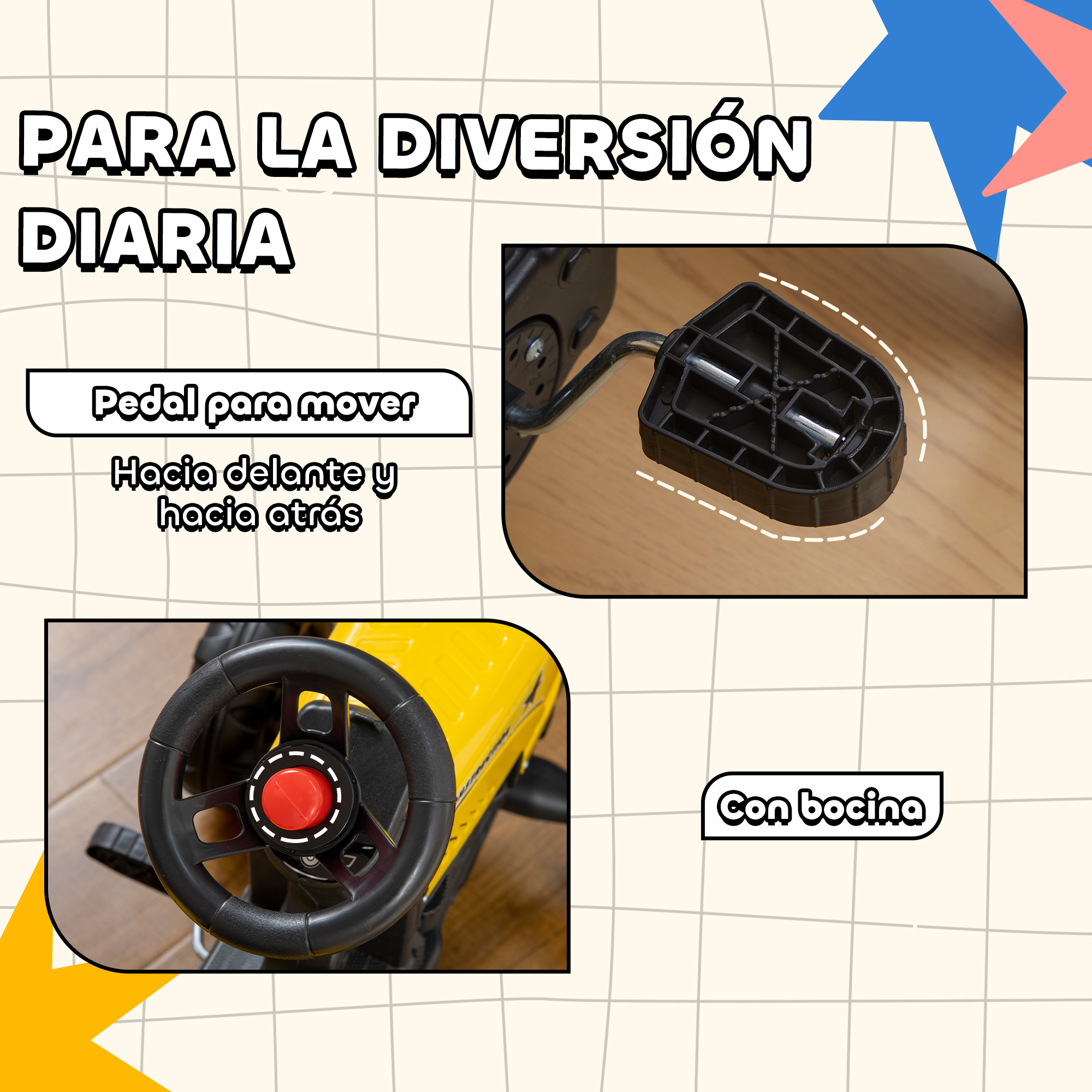 Primer plano de un coche de juguete amarillo, mostrando el volante y el pedal.