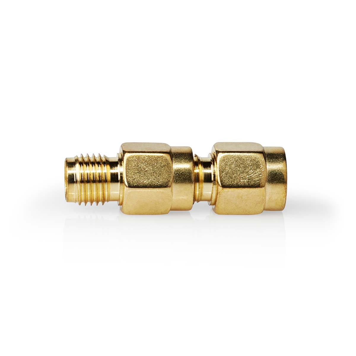 Een gouden adapter met schroefdraad links en zeskantmoeren.