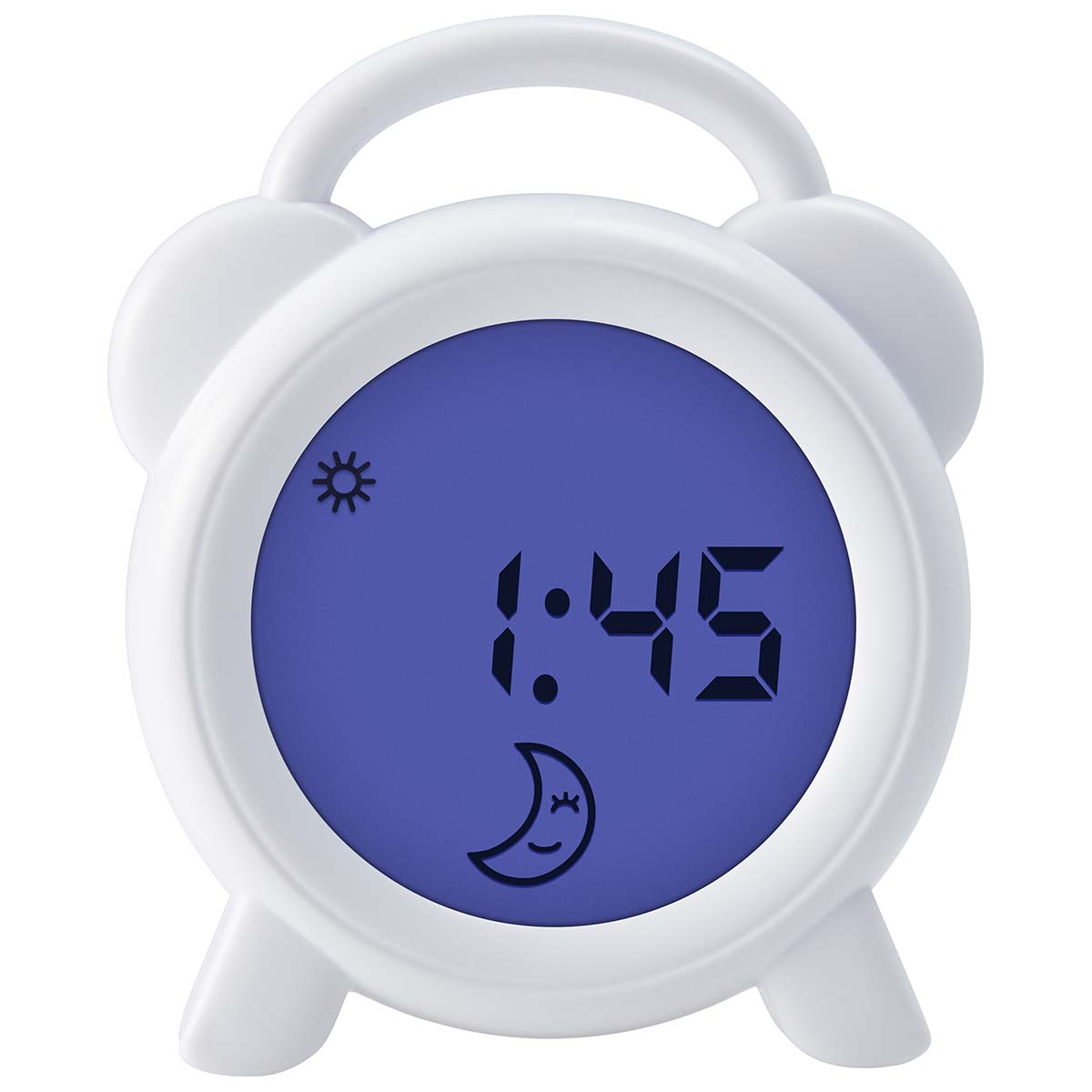 Ein weißer digitaler Wecker mit blauer Anzeige, die 1:45 Uhr zeigt.