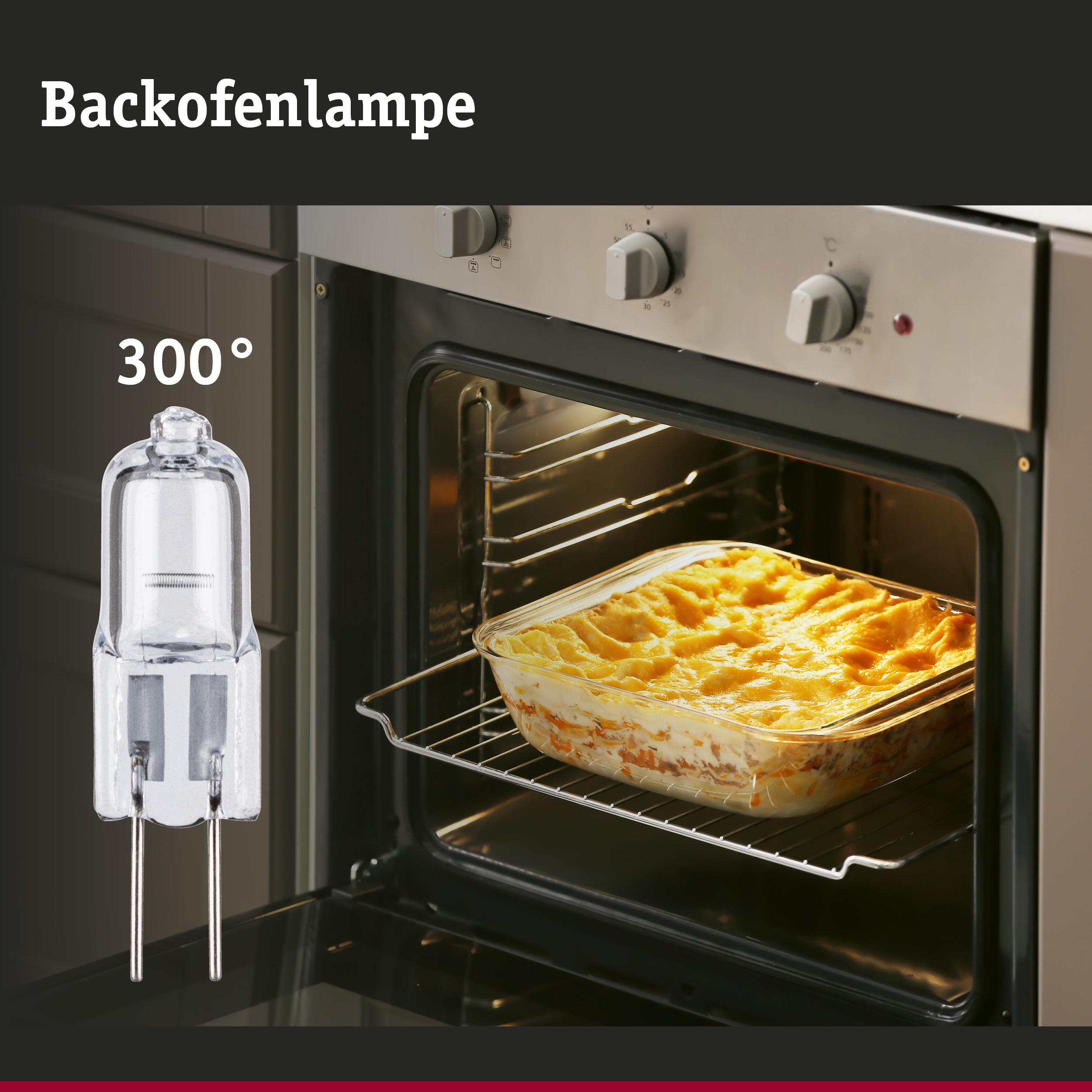Eine Backofenlampe neben einem Ofen mit Lasagne bei 300 Grad.