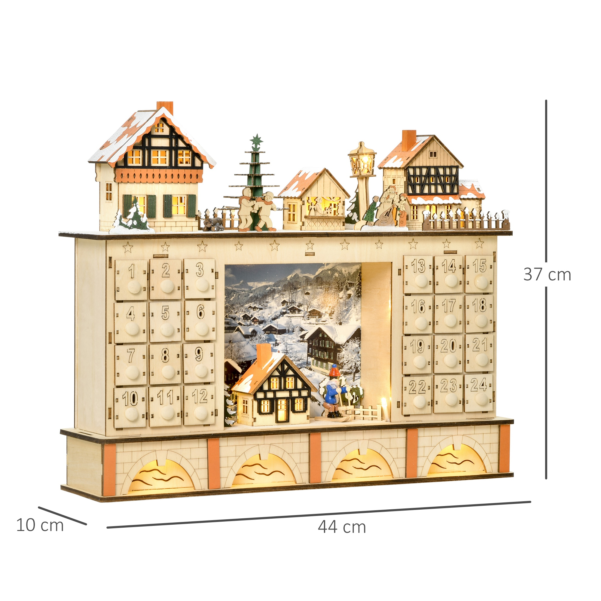 Un calendario de adviento de madera con casas, luces y números 1-24.