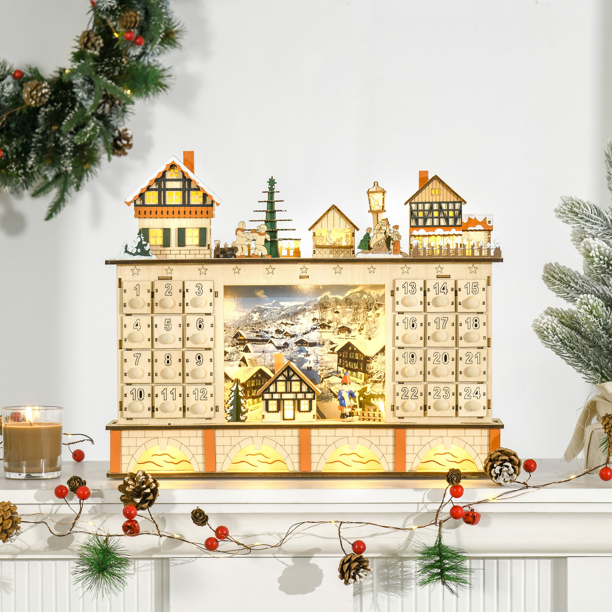 Calendario de adviento de madera con casas, números y escena de pueblo invernal.