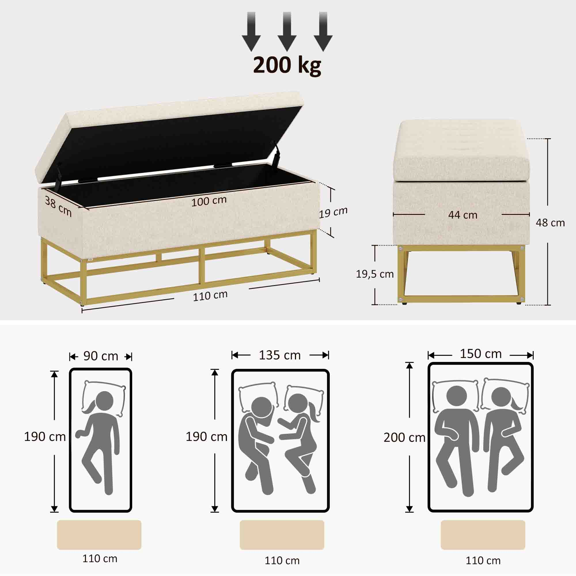 Dimensiones y capacidad de carga de un otomano de almacenamiento beige y tamaños de cama.
