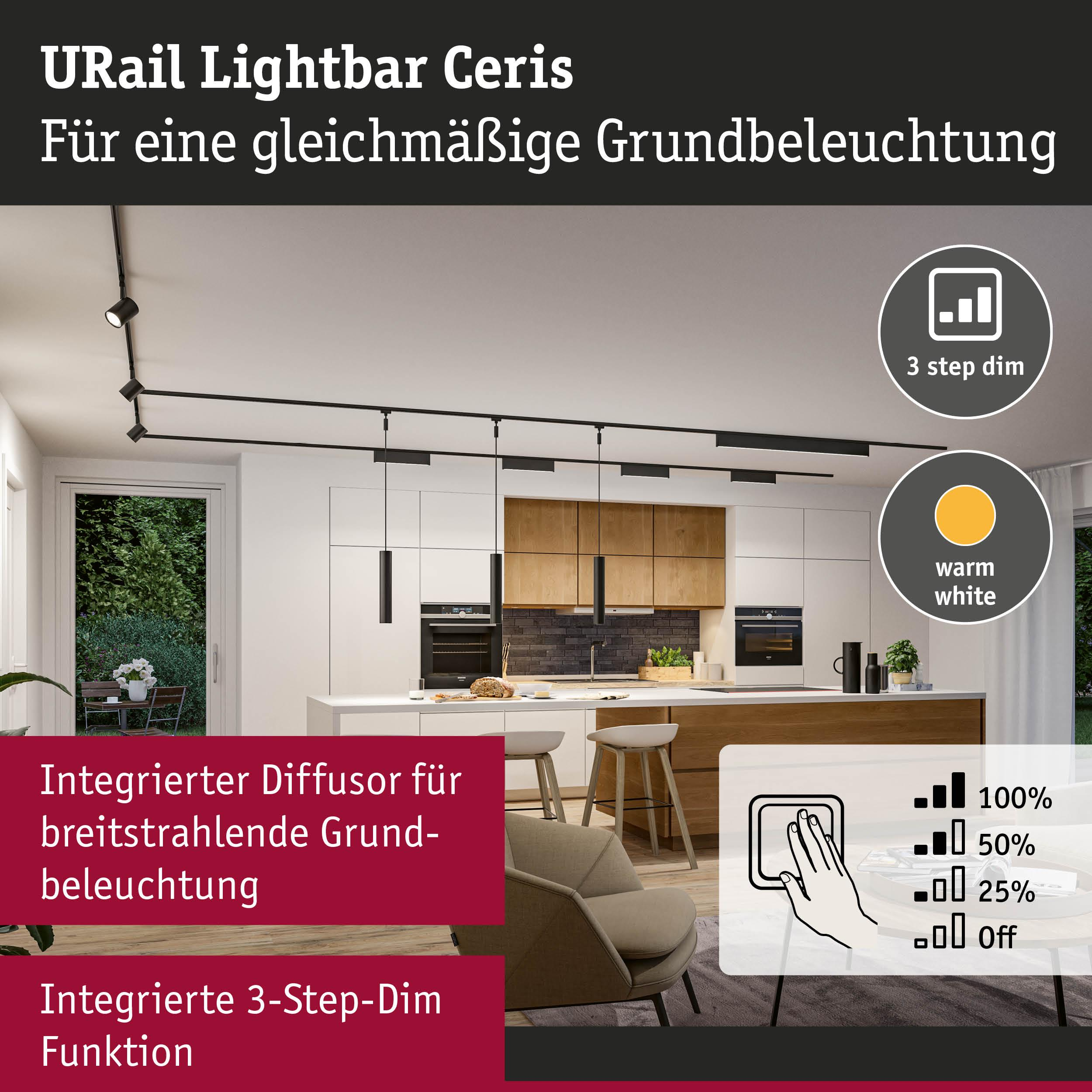 Moderne Küche mit URail Lichtleiste, warmweiß, 3-stufig dimmbar.