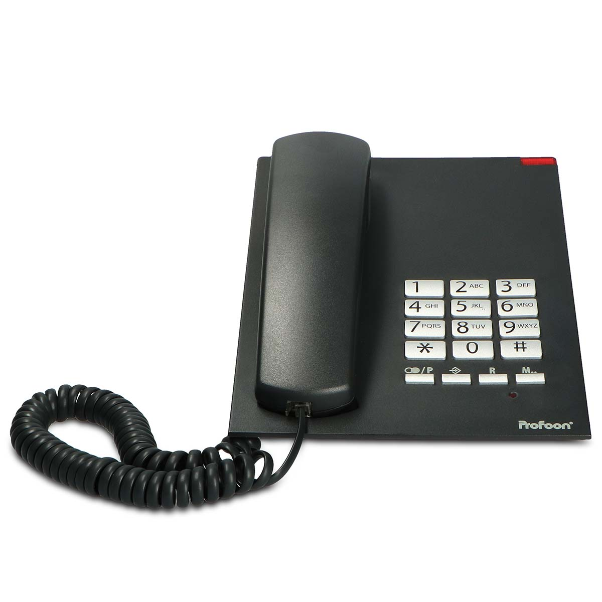 Ein schwarzes Schnurtelefon mit Tastenfeld und Hörer auf weißem Hintergrund.