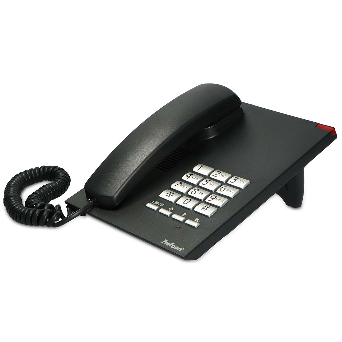 Ein schwarzes Schnurtelefon mit Tastatur und Hörer auf einer flachen Oberfläche.
