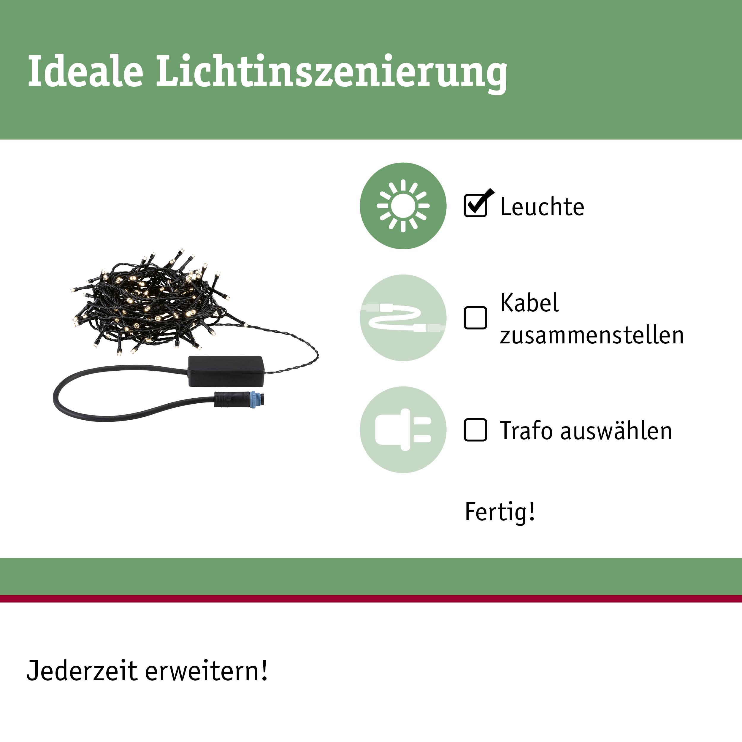 Lichterkette mit schwarzem Kabel, Netzteil und Symbolen für Leuchte, Kabel und Trafo.