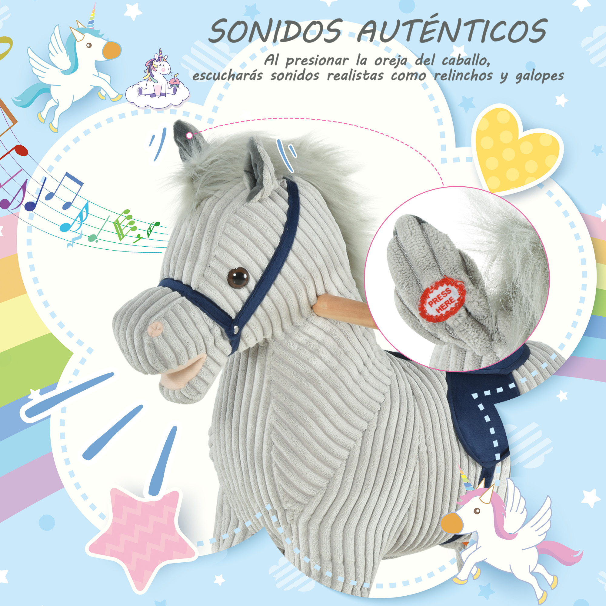 Un caballo de peluche gris con brida azul, cerca de unicornios y notas.