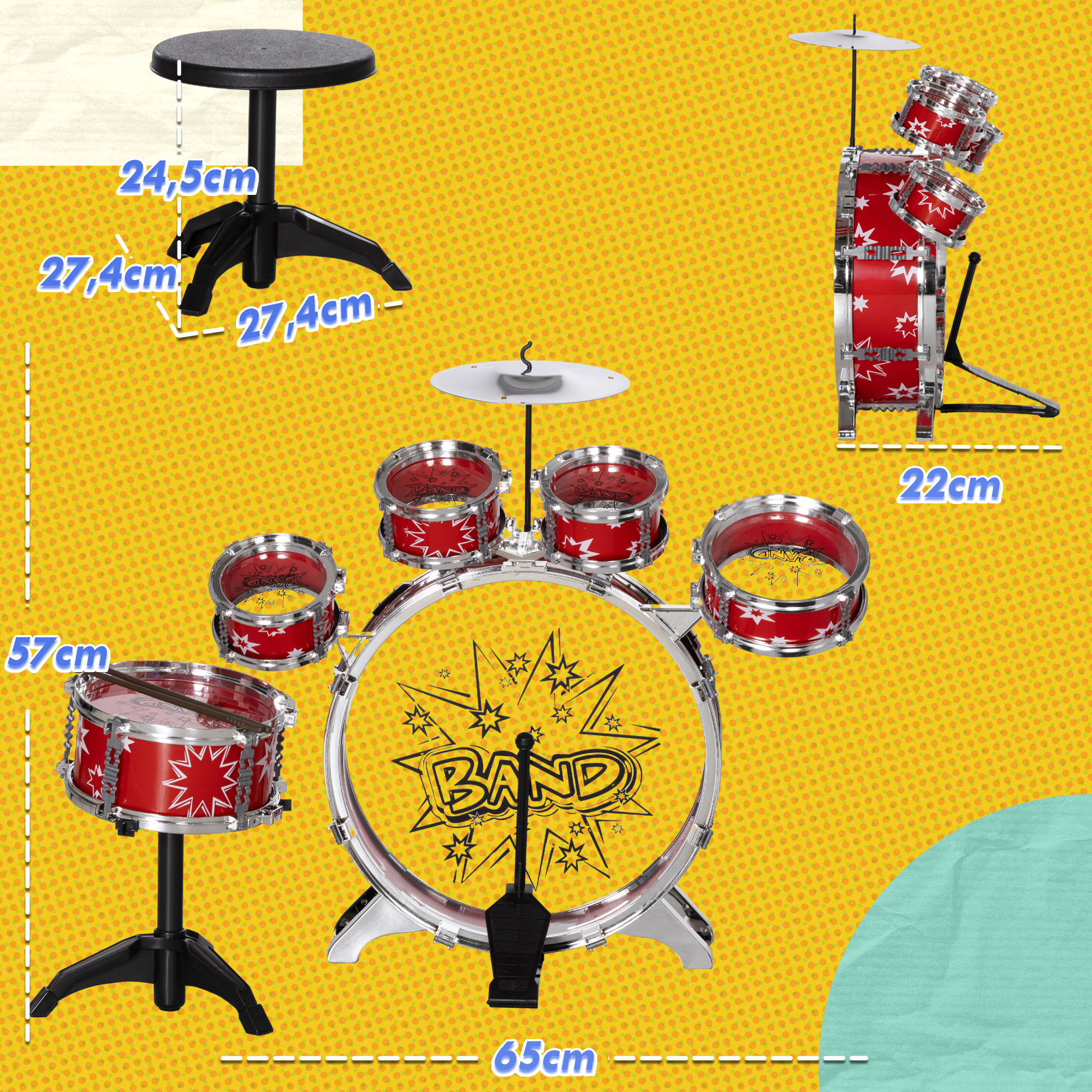 Un set de batería rojo con detalles plateados y un taburete sobre fondo amarillo.
