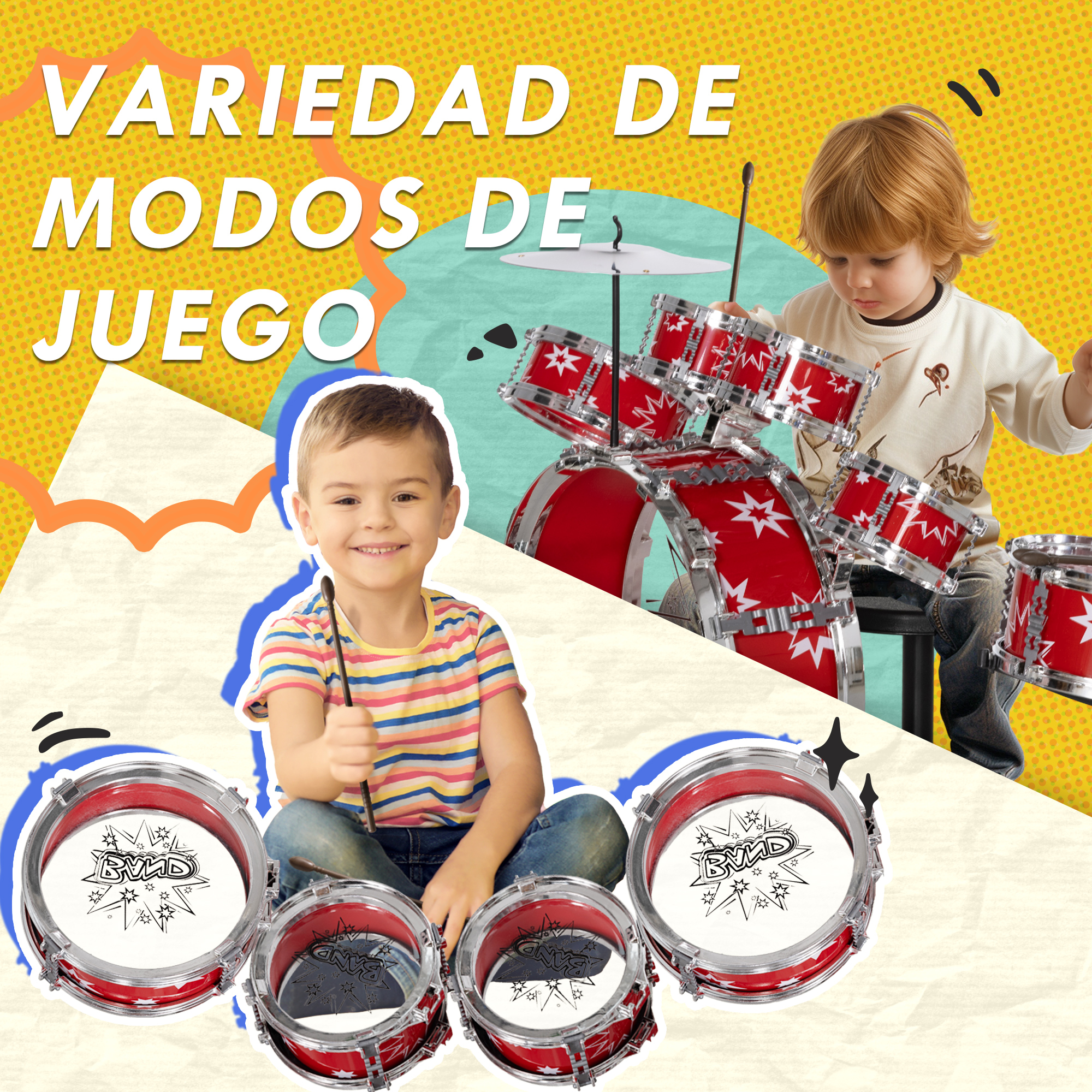 Dos niños tocan baterías rojas, uno sentado, otro de pie.