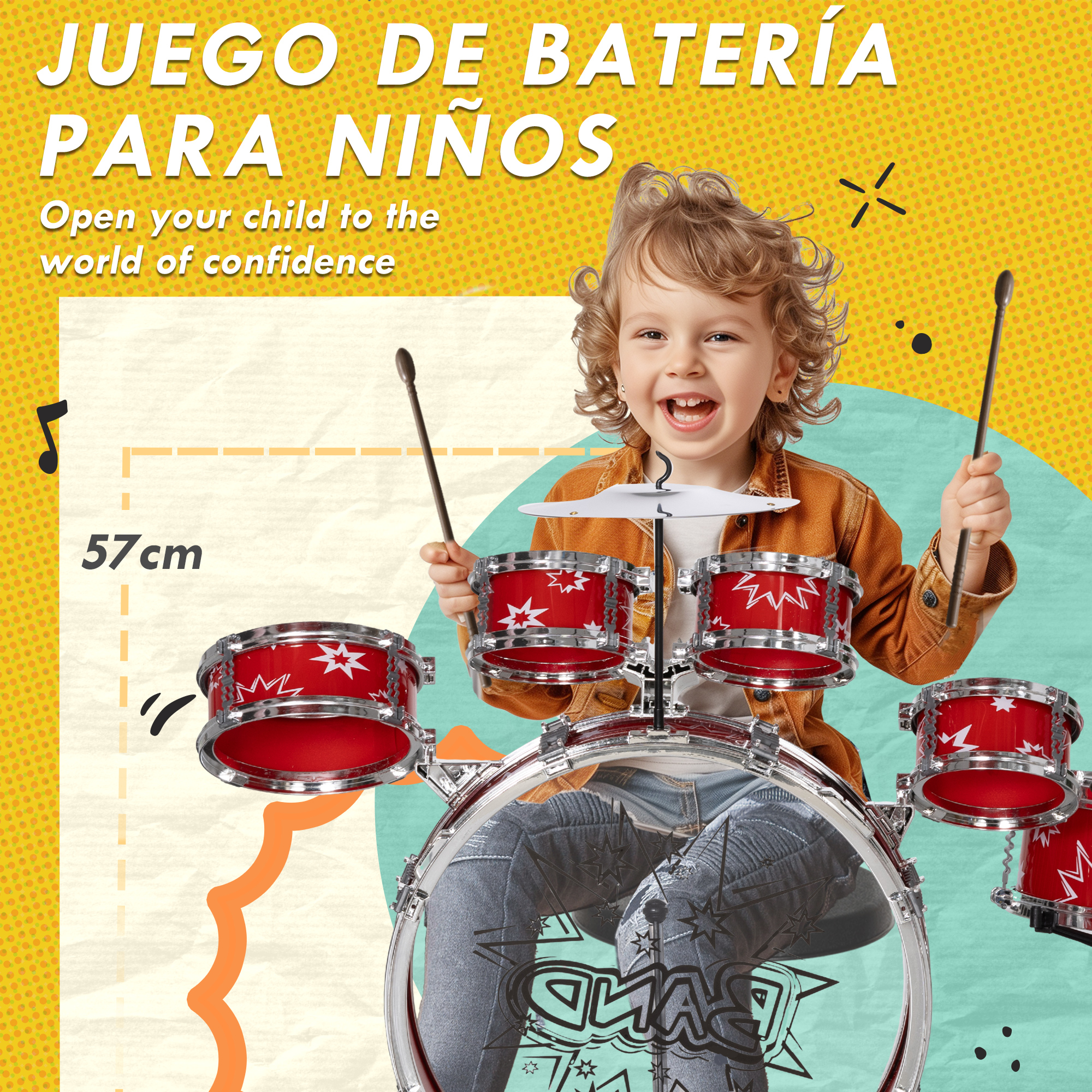 Un niño sonriente toca una batería de juguete roja con baquetas.