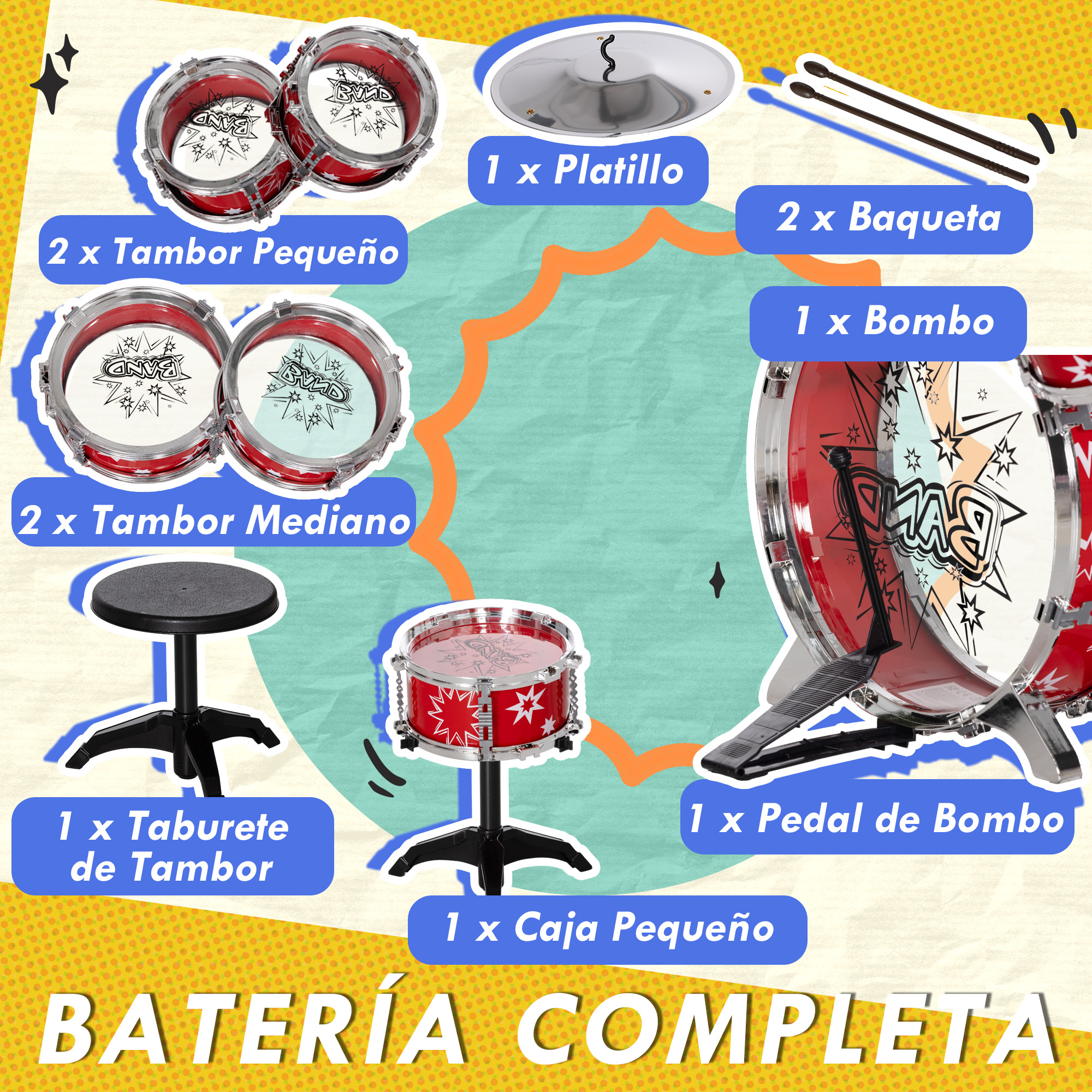 Un set de batería con tambores, platillo, baquetas, taburete y pedal.