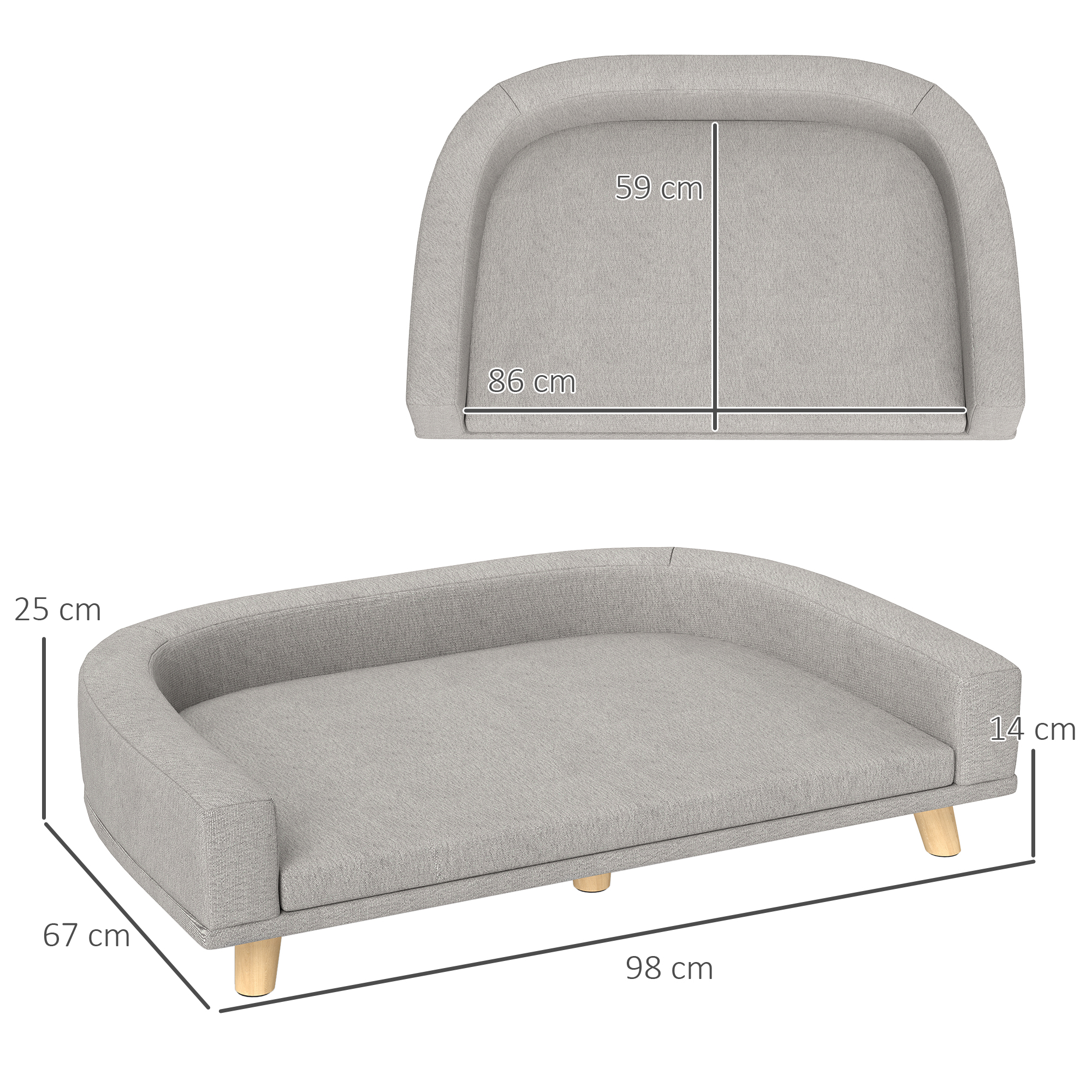 Cama gris para mascotas de 98x67x25 cm, patas de 14 cm.