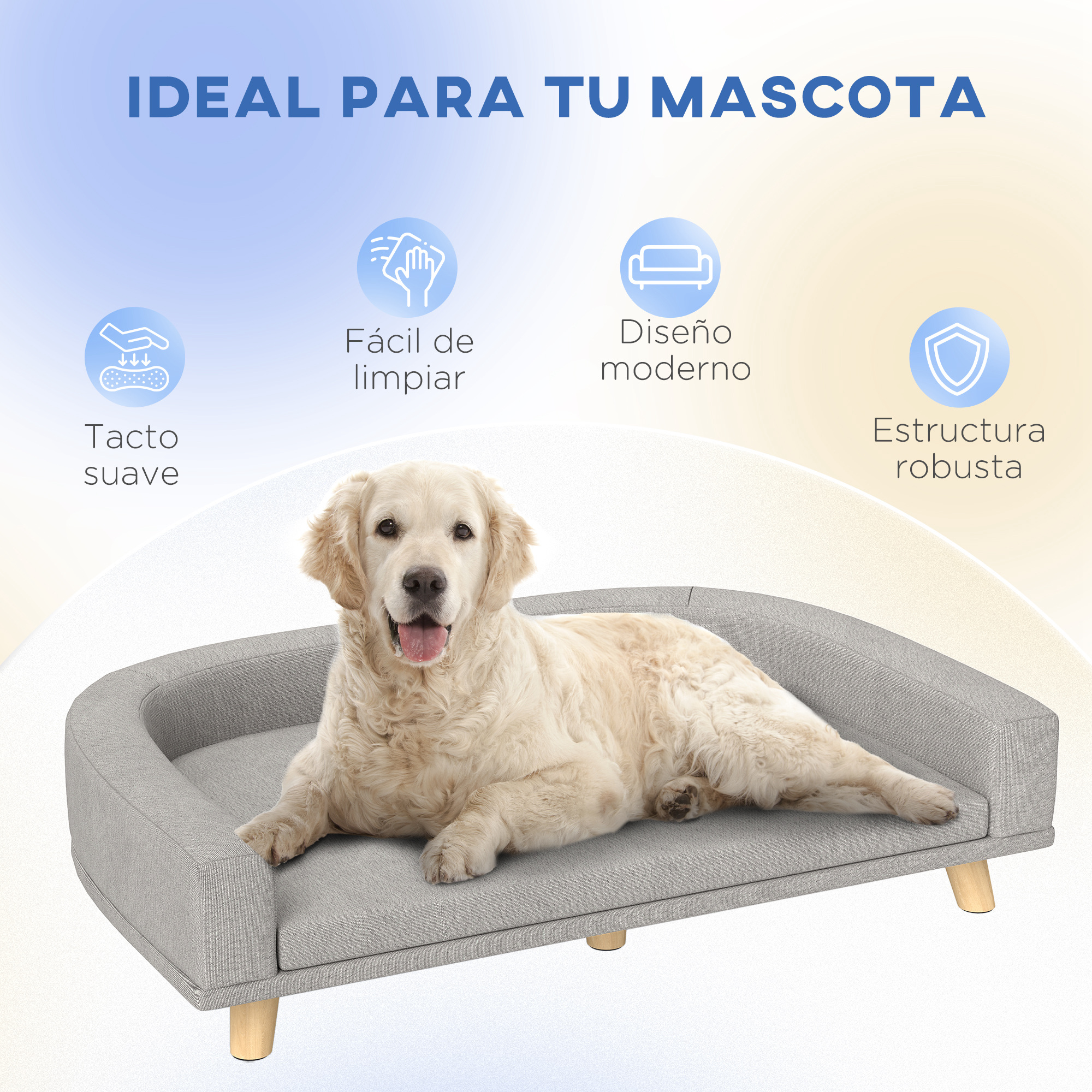 Un golden retriever yace en una cama para perros gris con patas de madera. Texto resalta características.