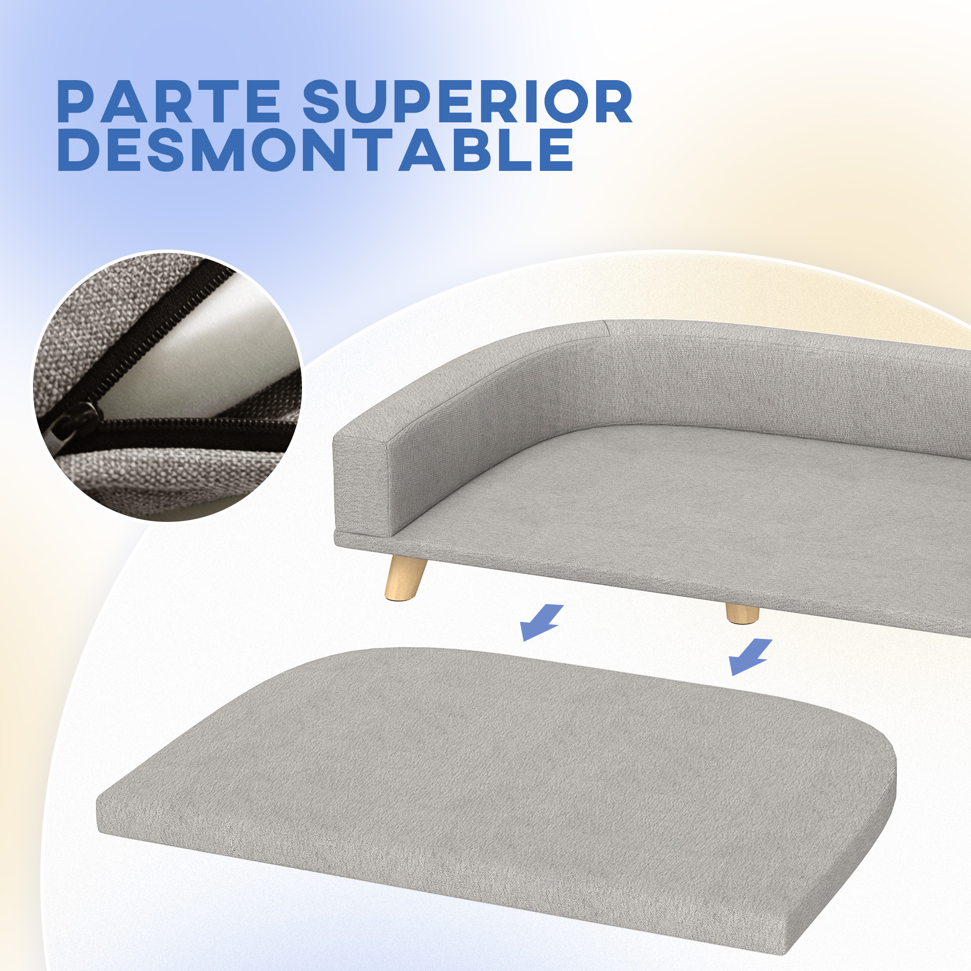 Cojín de asiento desmontable de un sofá gris con patas de madera y flechas.