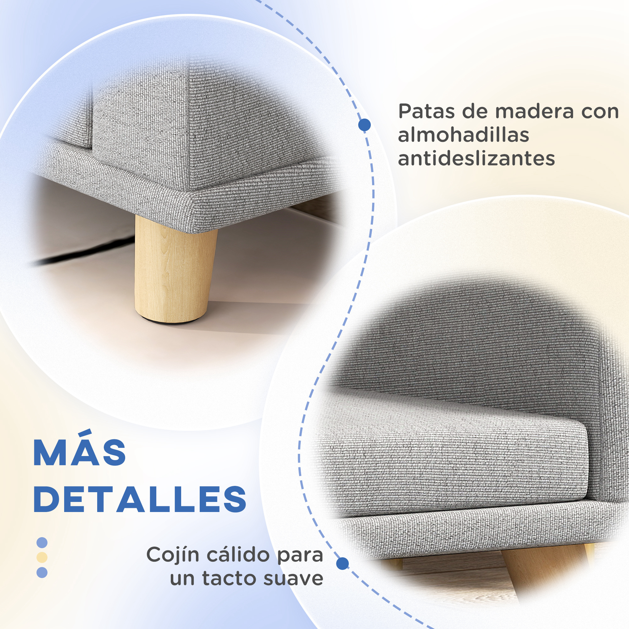 Sofá gris con patas de madera y cojines suaves. Detalles: Pies antideslizantes.