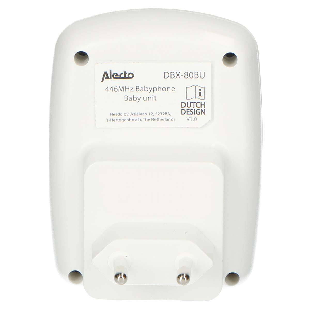 White Alecto DBX-80BU 446MHz Babyphone unit with plugs.