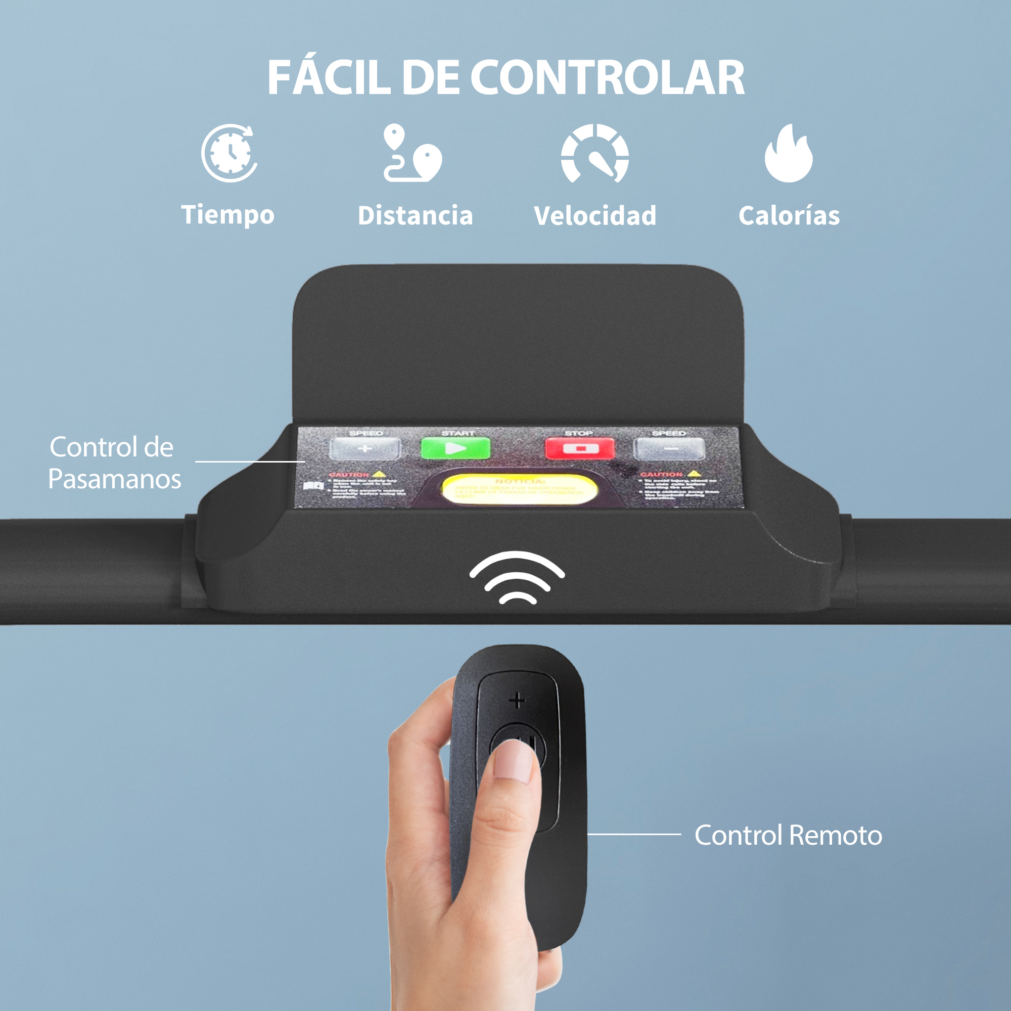 Consola de cinta de correr muestra tiempo, distancia, velocidad, calorías. Control remoto.
