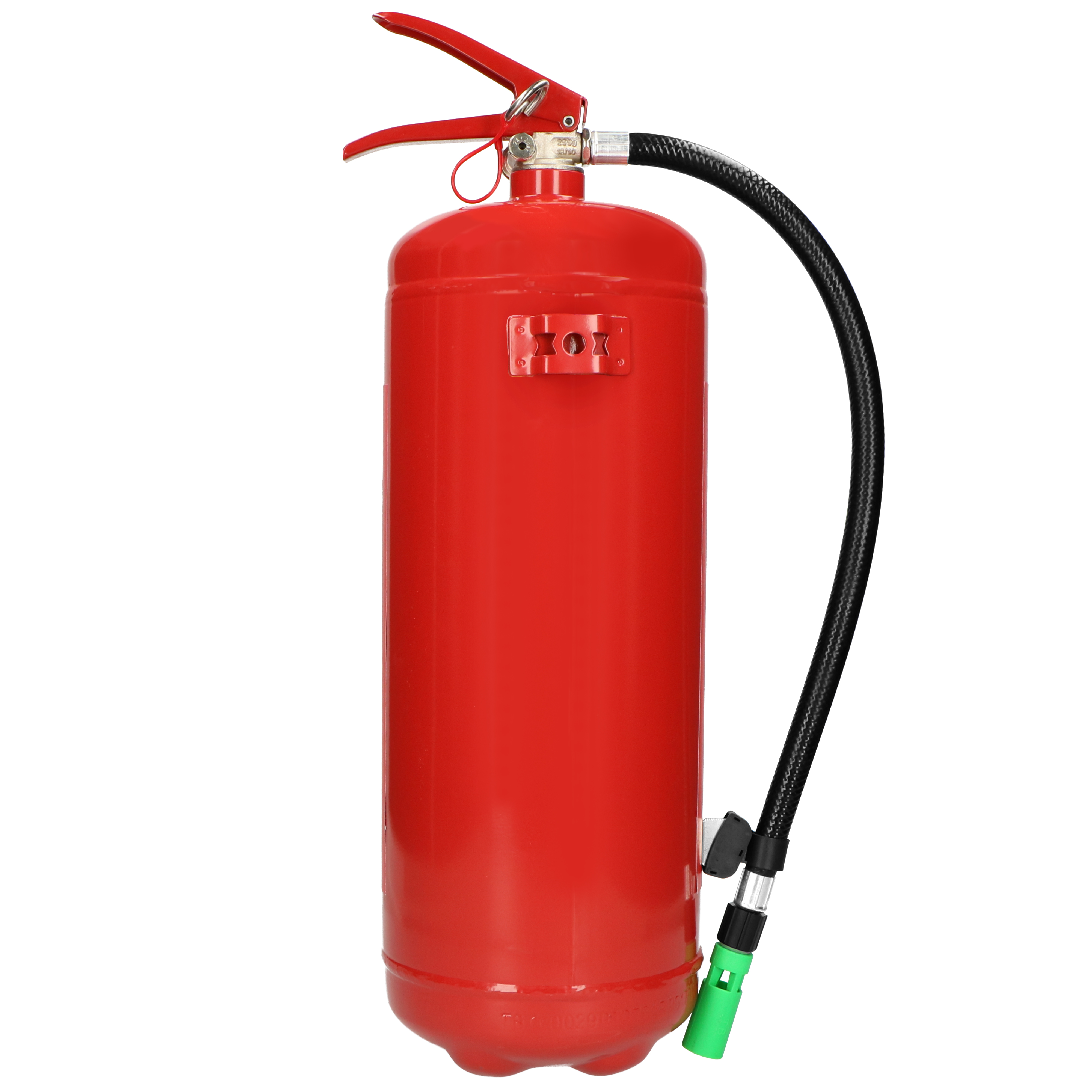 Un extincteur rouge avec tuyau noir et buse verte.