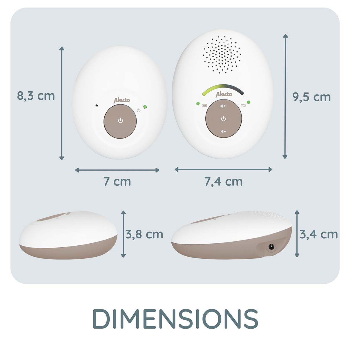 Two white baby monitor units with dimensions. Left 8.3x7x3.8cm, right 9.5x7.4x3.4cm.