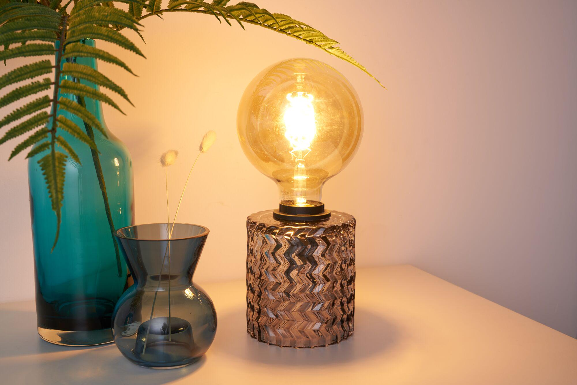 Lampa z żarówką, obok dwóch wazonów i paproci.