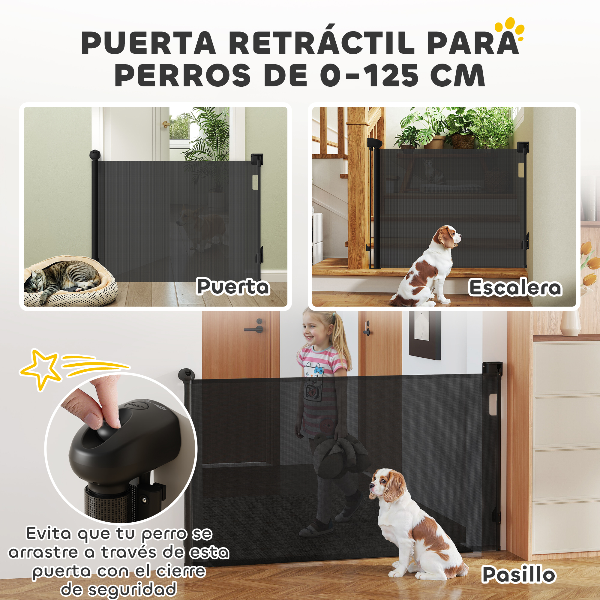 Puerta retráctil para perros en puertas, escaleras, pasillos. Incluye perros, gato, niño.