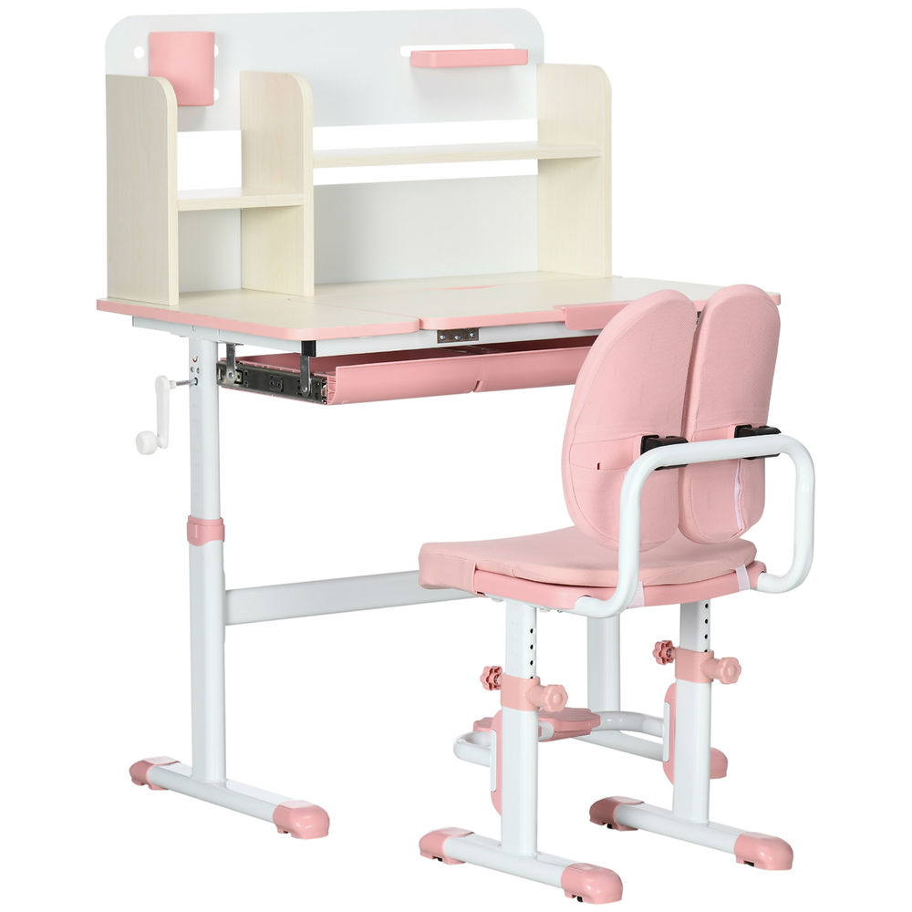 Un escritorio y silla infantiles rosas con marco de metal blanco.